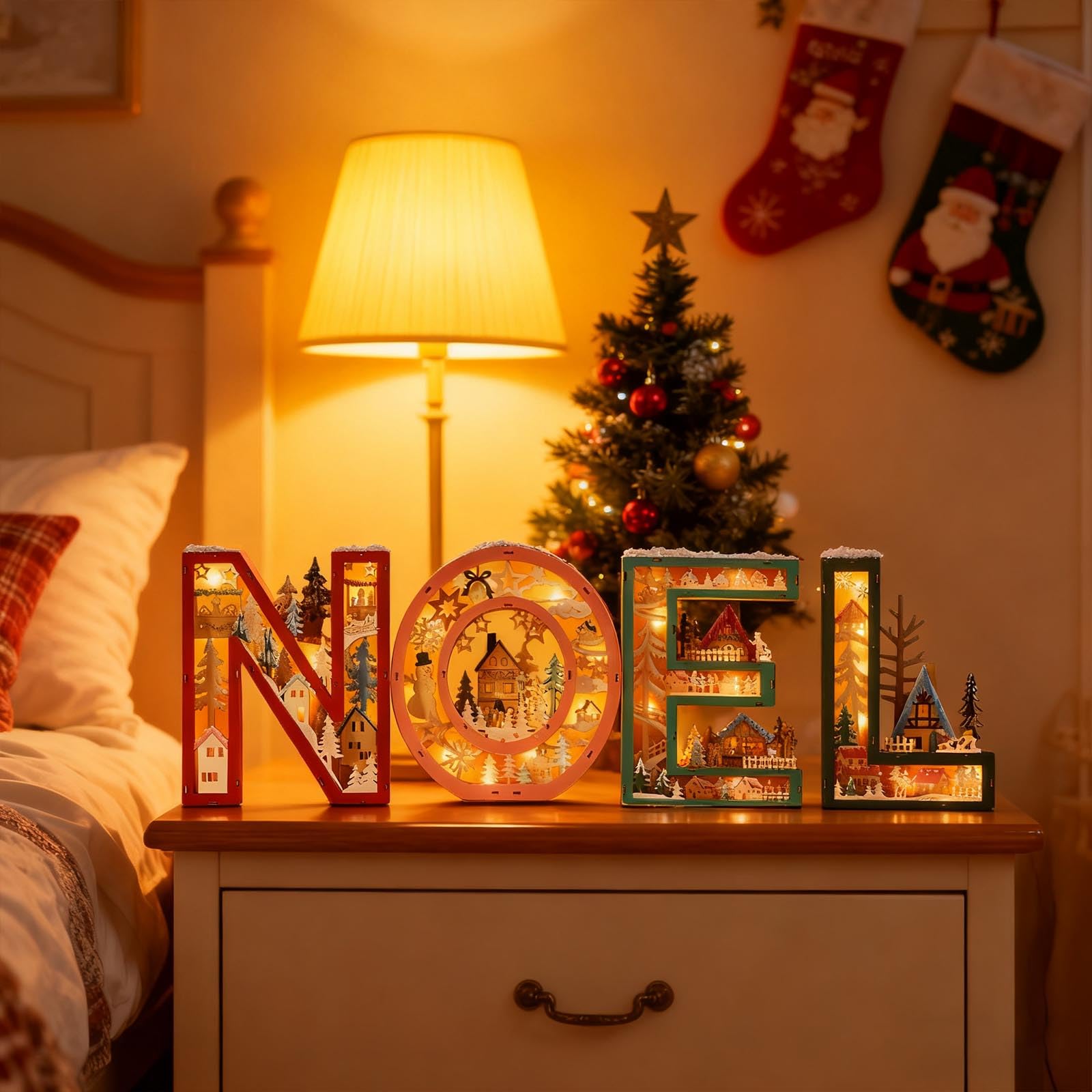 Decoración navideña de Madera Brillante con luz LED Lámpara de Escritorio de Madera con Letras Huecas para repisas Estante Exhibición de Entrada Decoración del árbol de Navidad