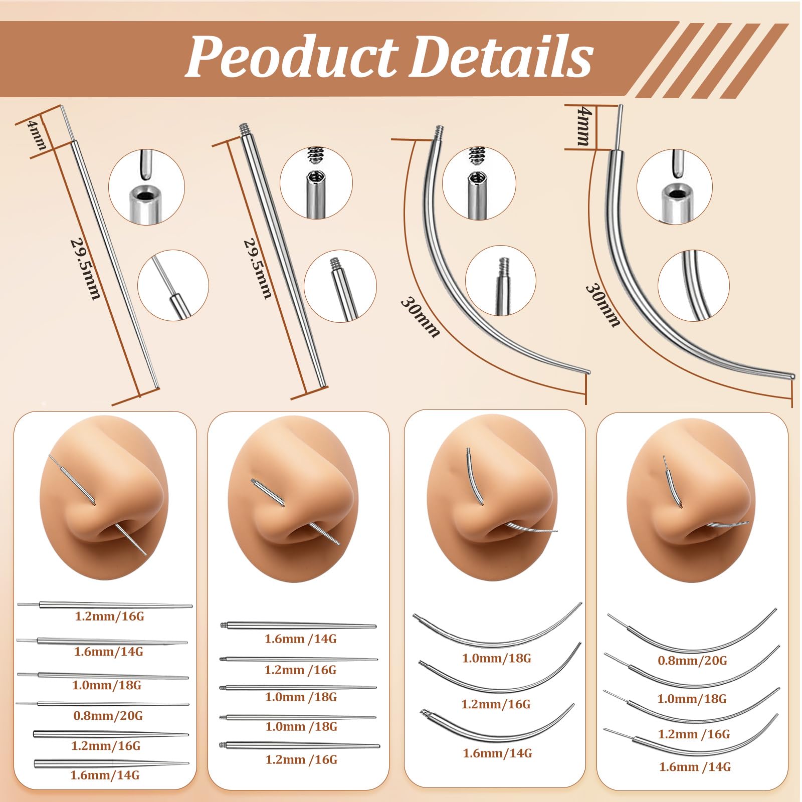 Piercing Taper Tool 18Pcs - 14G, 16G, 18G, 20G, Straight, Curved Needles - Piercing Insertion Tool Set for Nose Studs, Lip Rings, Earring - Changing Tool for Piercings