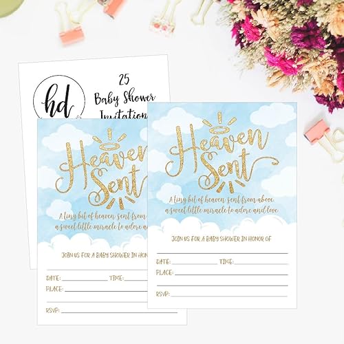 Miniatura 5 de 25 invitaciones para baby shower, diseño de ángel celestial impreso en inglés "Heaven Heaven Sent Clouds" de oro azul, lindo ángel celestial impreso