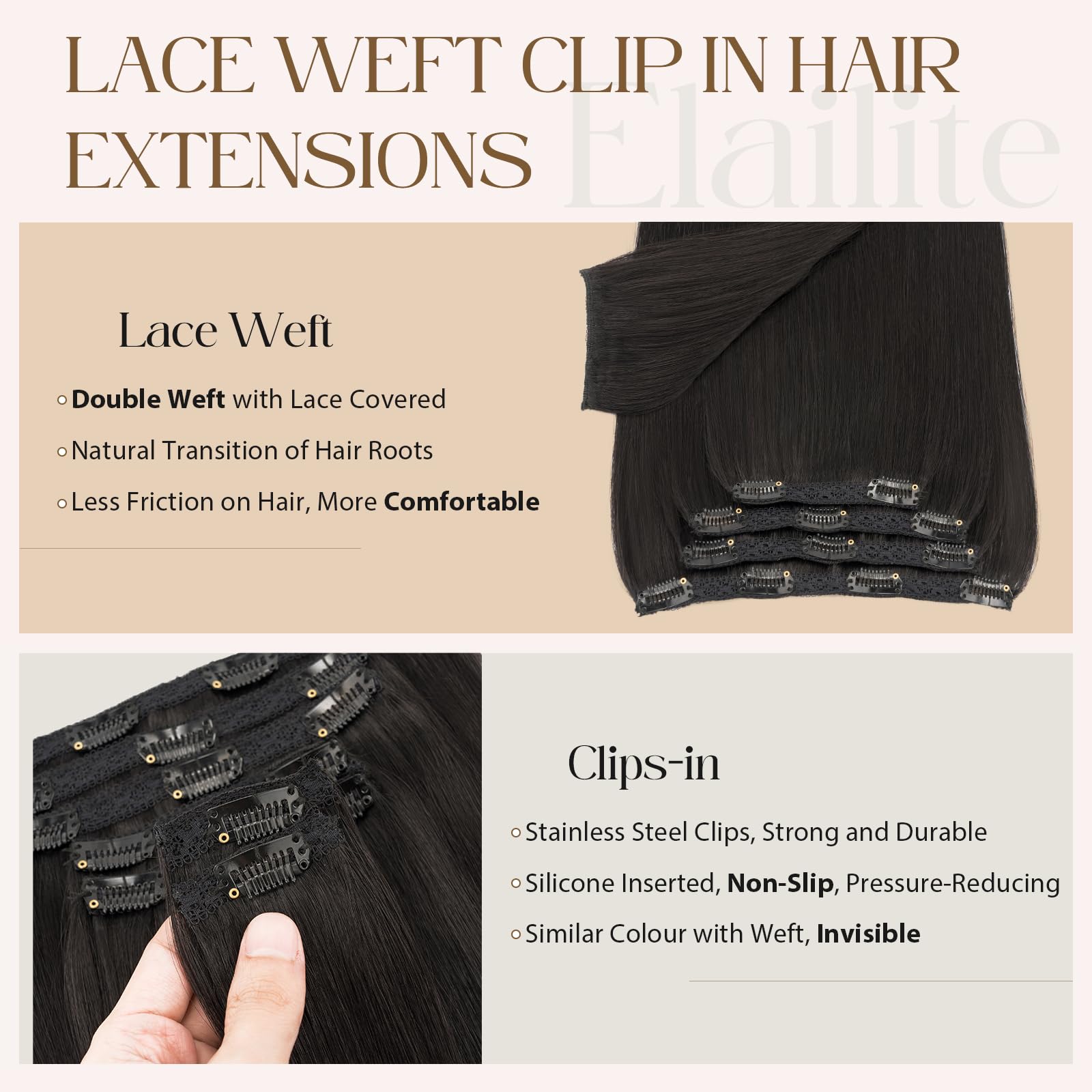 Elailite Hair Extensions Clip In Real Hair Double Weft Human Hair Virgin Remy Lace Weft 7 Pcs Full Head Straight - Image 2