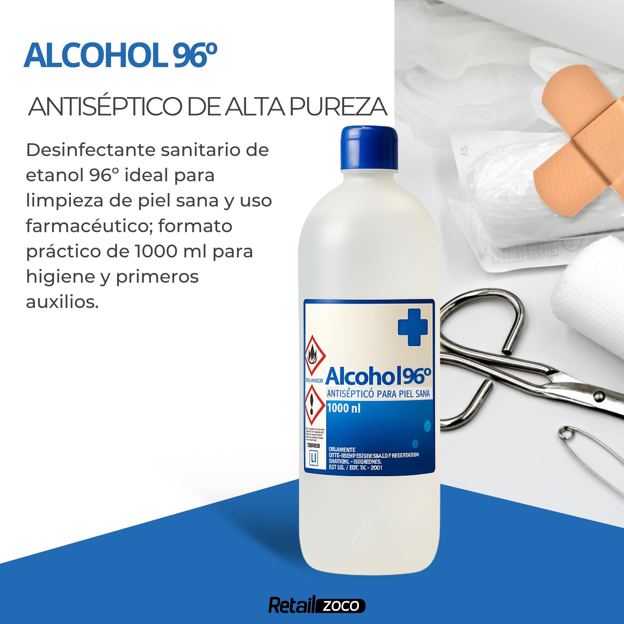 Alcohol 96º, Etanol 96, Alcohol etílico desinfectante manos antiséptico, Ethyl alcohol ethanol, Alcohol sanitario para heridas, Alcohol farmacia, Tapón seguridad, Concentración 96º, Contiene 1000 ml