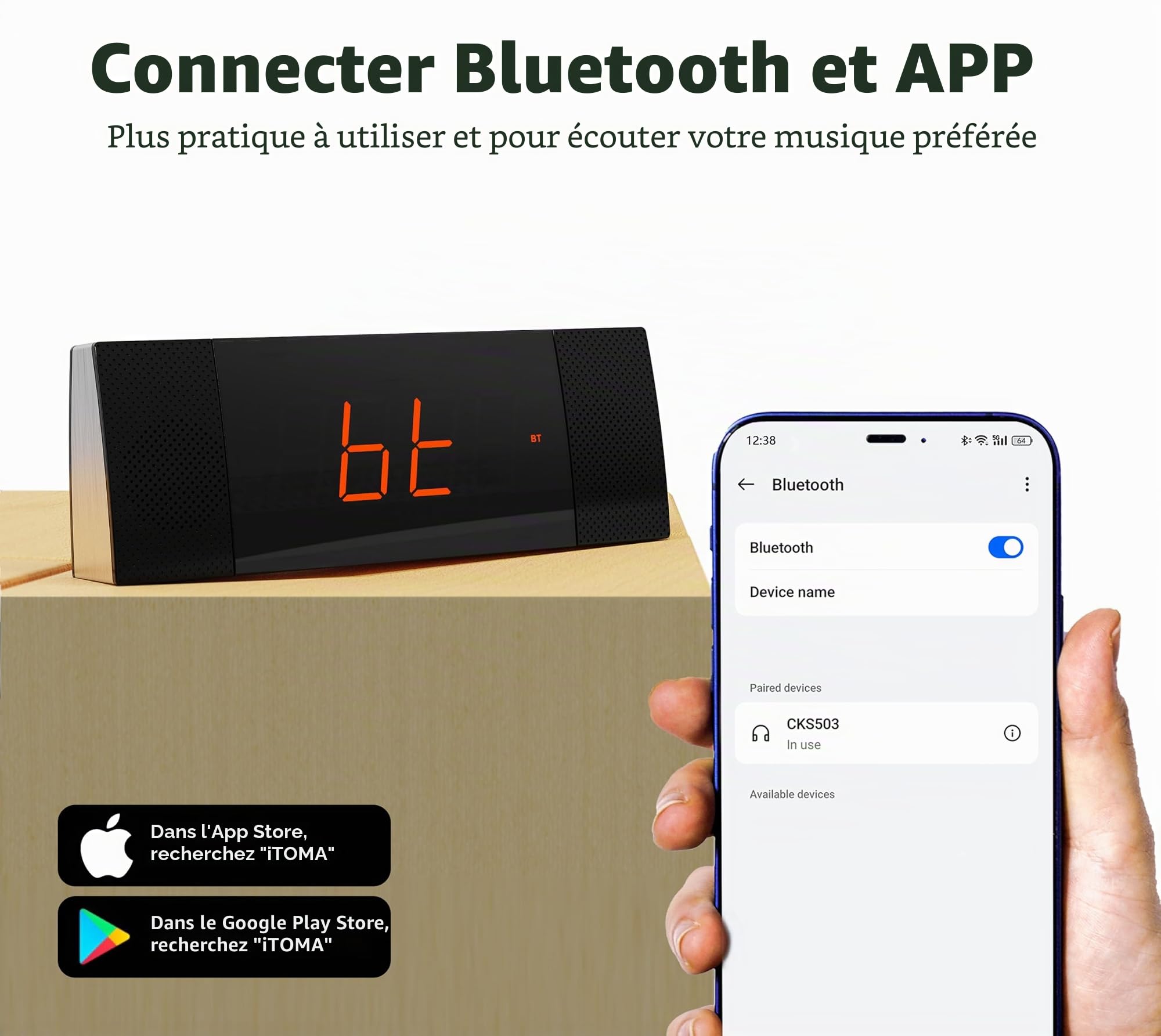 iTOMA Radio-réveil avec contrôle Via APP, Bluetooth, Radio FM, Double réveil avec Fonction de répétition (Snooze), Fonction de Charge USB, régulateur de luminosité Automatique et Manuel (CKS503)