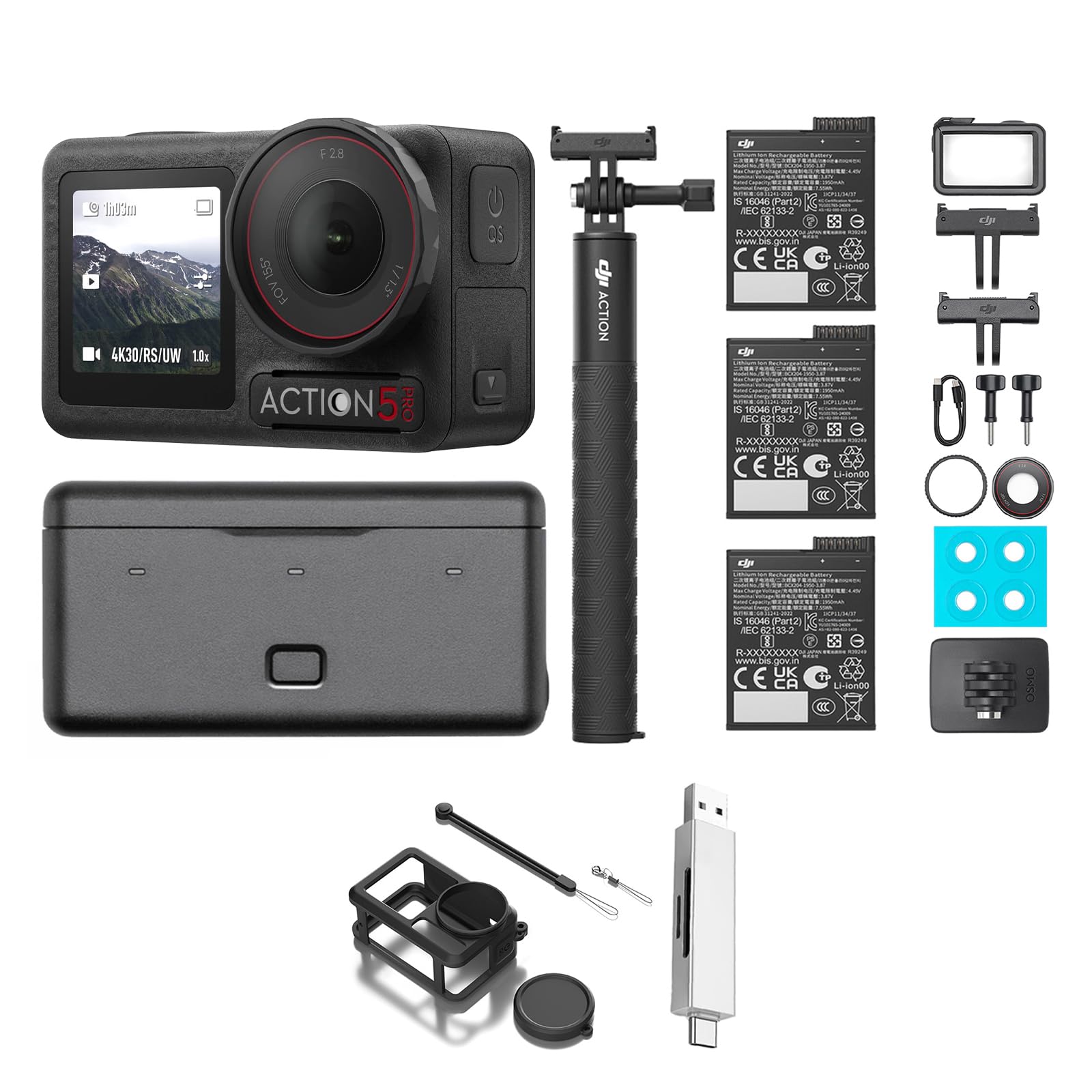 DJI Osmo Action 5 Pro Pack Aventura, cámara Deportiva, Sensor 1/1.3", batería Aumentada a 12 h con 3 baterías, estabilización, 2 Pantallas táctiles OLED (5 Pro Adventure Combo Bundle-1)