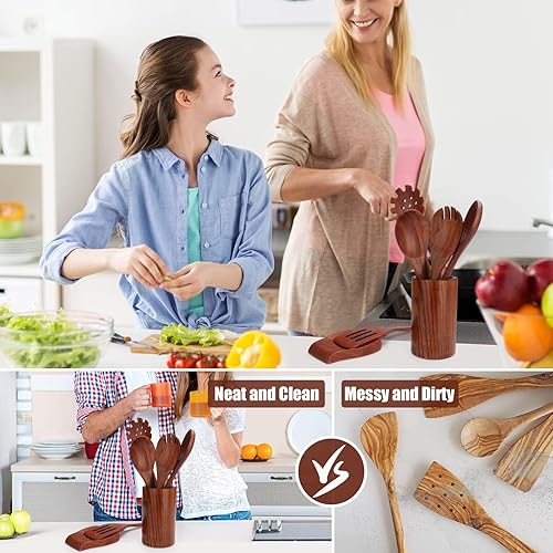 Miniatura 5 de Juego de utensilios de cocina, 16 piezas, cucharas de madera para cocinar, espátula antiadherente de teca natural con soporte para cuchara, agarre