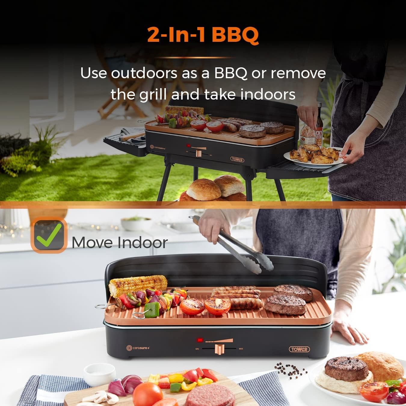 Two images showing the 2-in-1 functionality: top image shows the grill used outdoors as a freestanding BBQ, bottom image shows the grill unit removed and used indoors on a tabletop.