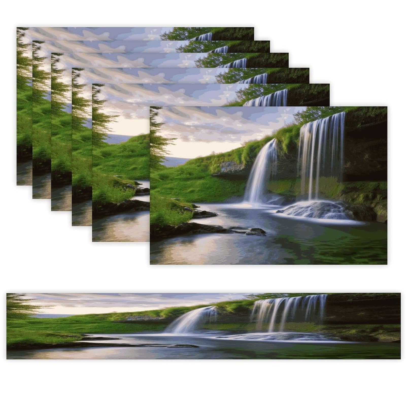 Waterfall Landscape Table Runner and Placemats Set of 6 for Kitchen Washable Table Mats Heat Resistant Place Mats Non-Slip Place Mat Wipeable Placemat(6 Placemats+1 Table Runner)