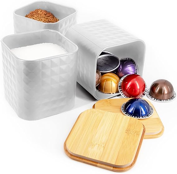 Tea Coffee Sugar Set White Tea Coffee Sugar Sets with Airtight Bamboo