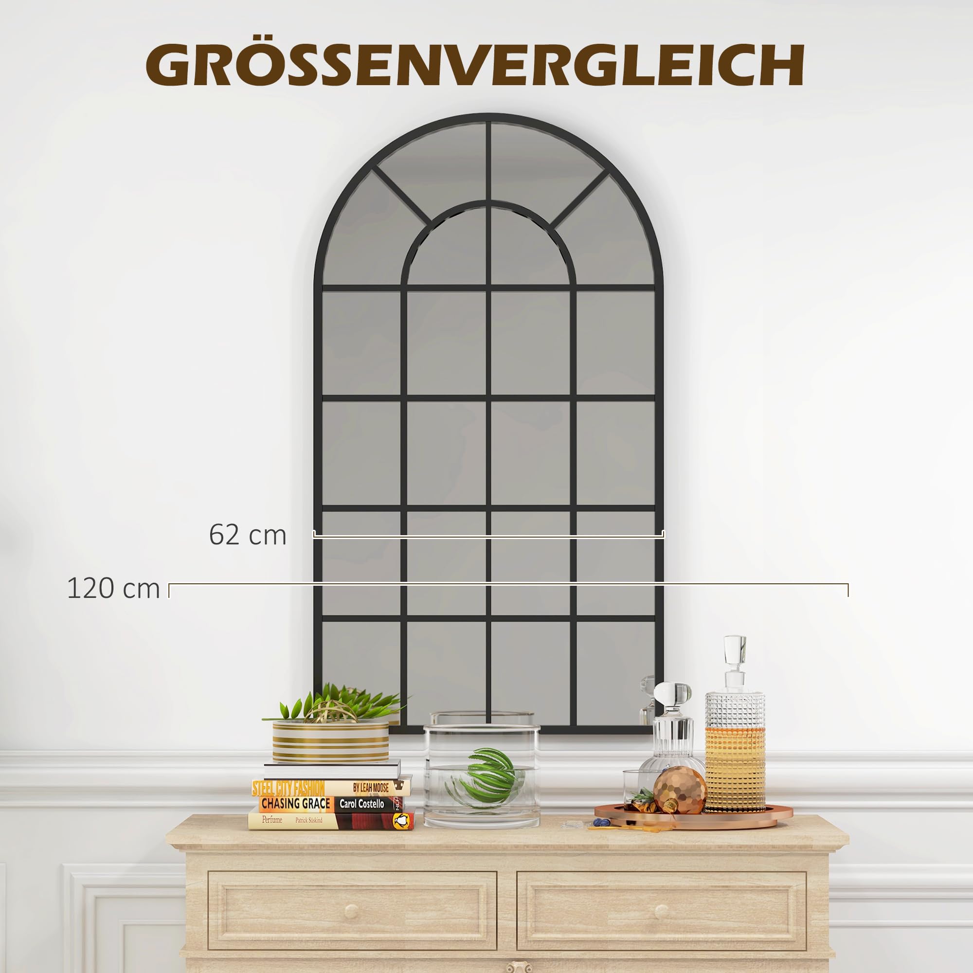 HOMCOM Miroir verrière Arche Style Industriel fenêtre Arcade métal Noir - 110 x 65 cm