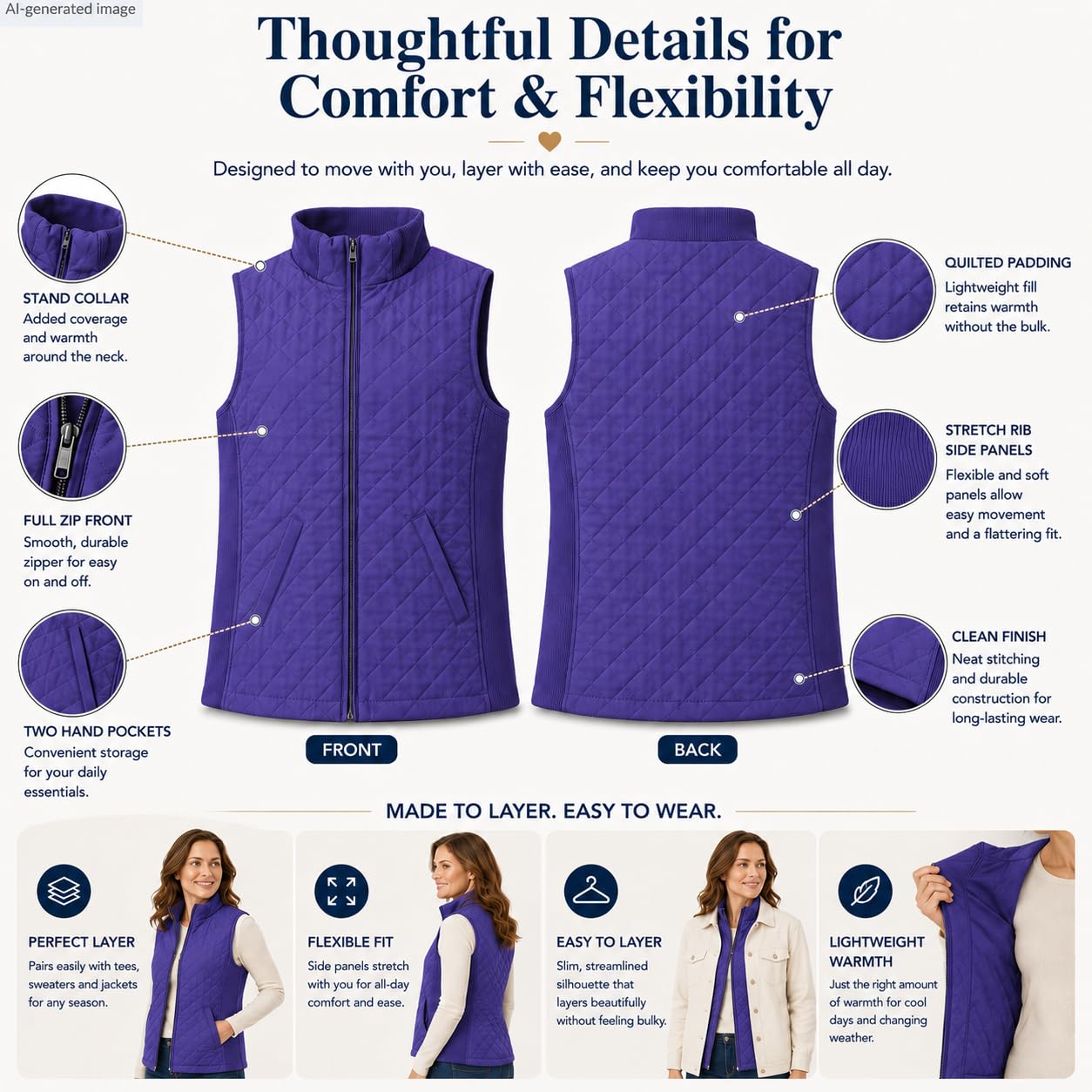Bienzoe Gilet matelassé décontracté pour femme : veste légère et pliable sans manches, violet, 3X-Large