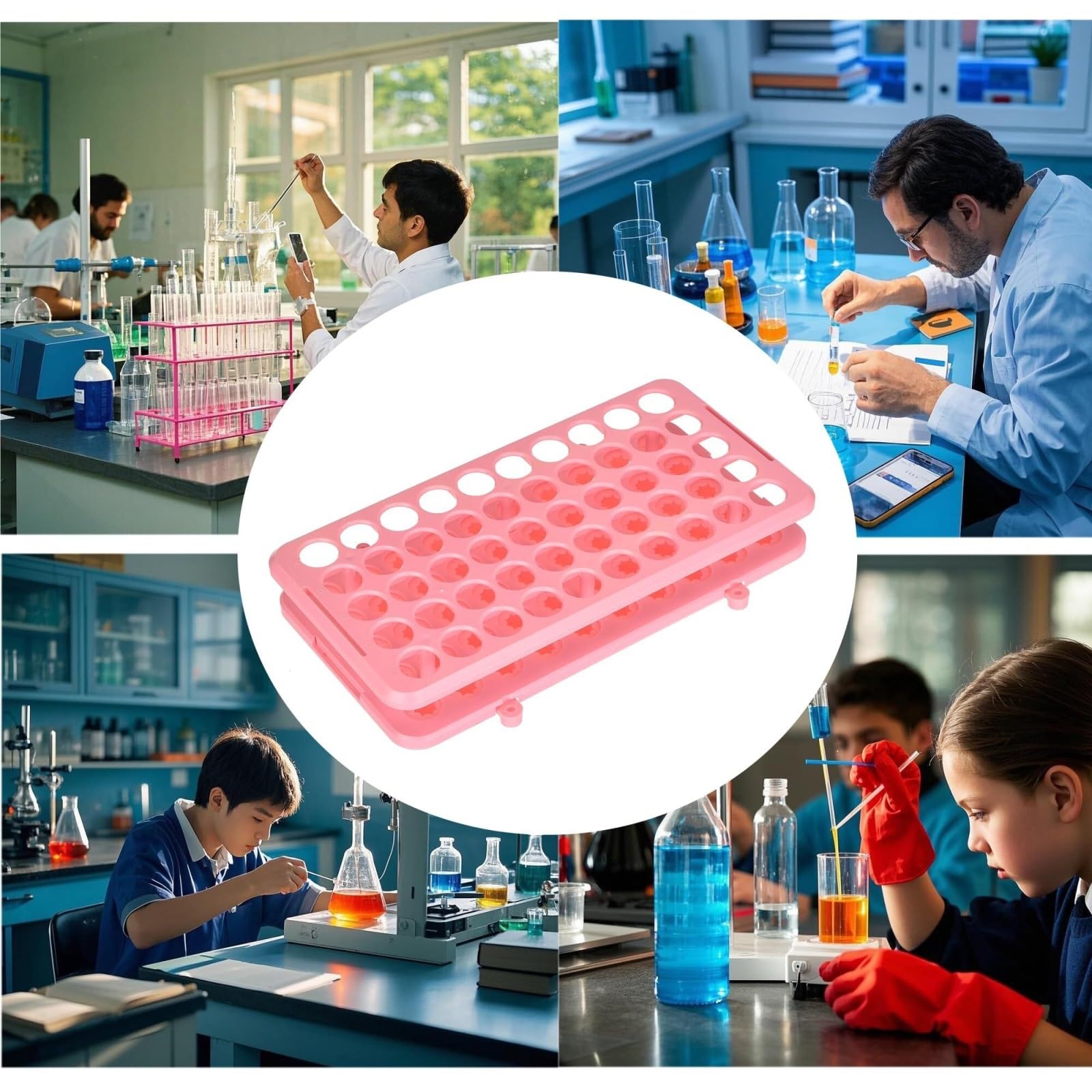 Gradilla De Tubo De Ensayo para Laboratorio 2 Soportes De Plástico For Tubos Centrífuga con 50 Orificios Y Apertura 18 Mm(Pink)
