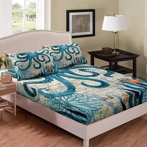 Juego de ropa de cama de pulpo tamaño matrimonial 3D con tentáculos de pulpo impresos, juego de sábanas decorativas de estilo marino mediterráneo,