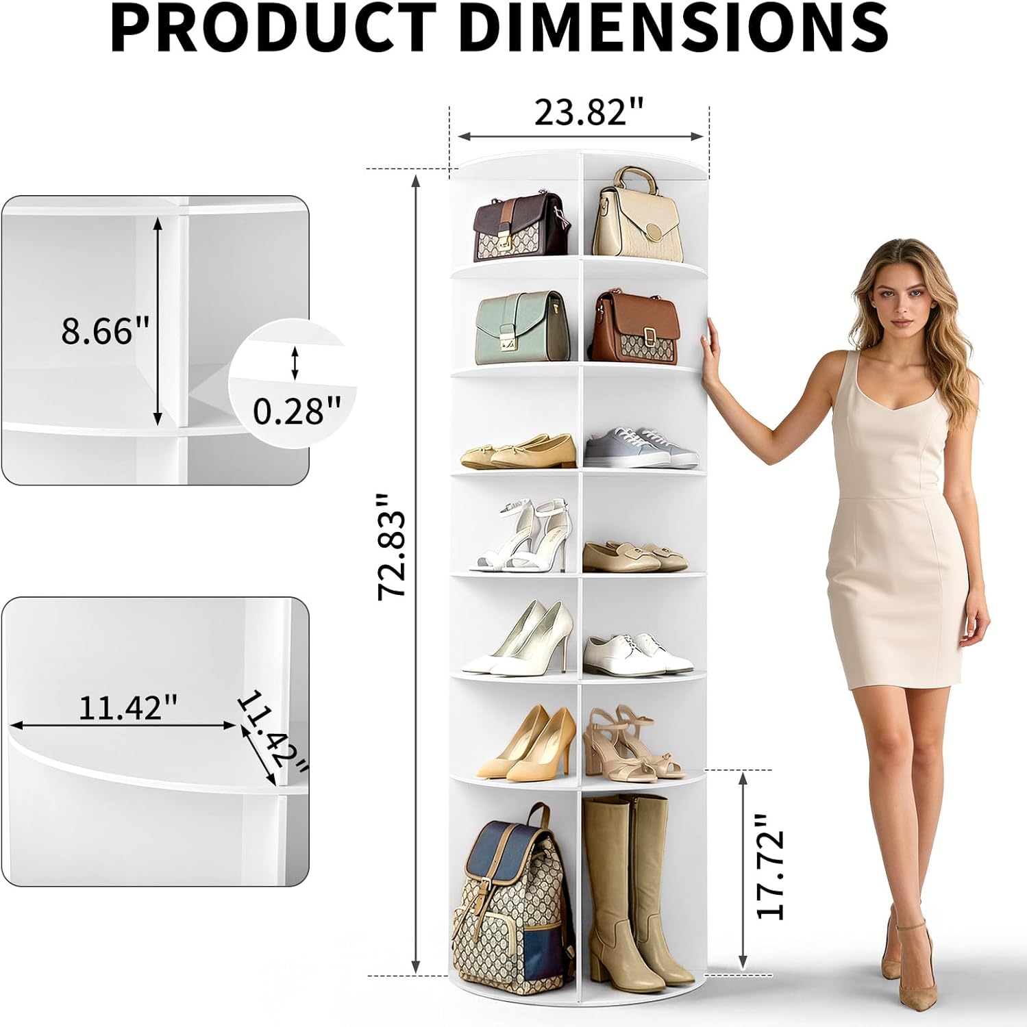 VINGLI Rotating Shoe Rack Tower, 7 Tier 360° Spinning Lazy Susan Shoe Storage for Closet, 73" Tall Vertical Carousel Organizer for Boots, Heels & Bags, White Corner Shelves (No Tool Assembly)