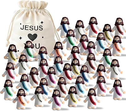 50Pcs Mini Jesus Figures Bulk Jesus Loves You Figurine with Drawstring Bag Cute Little Jesus Figures for Easter Basket Egg Stuffers Church Baptism Gifts Religious Party Favors Supplies Holding Hands