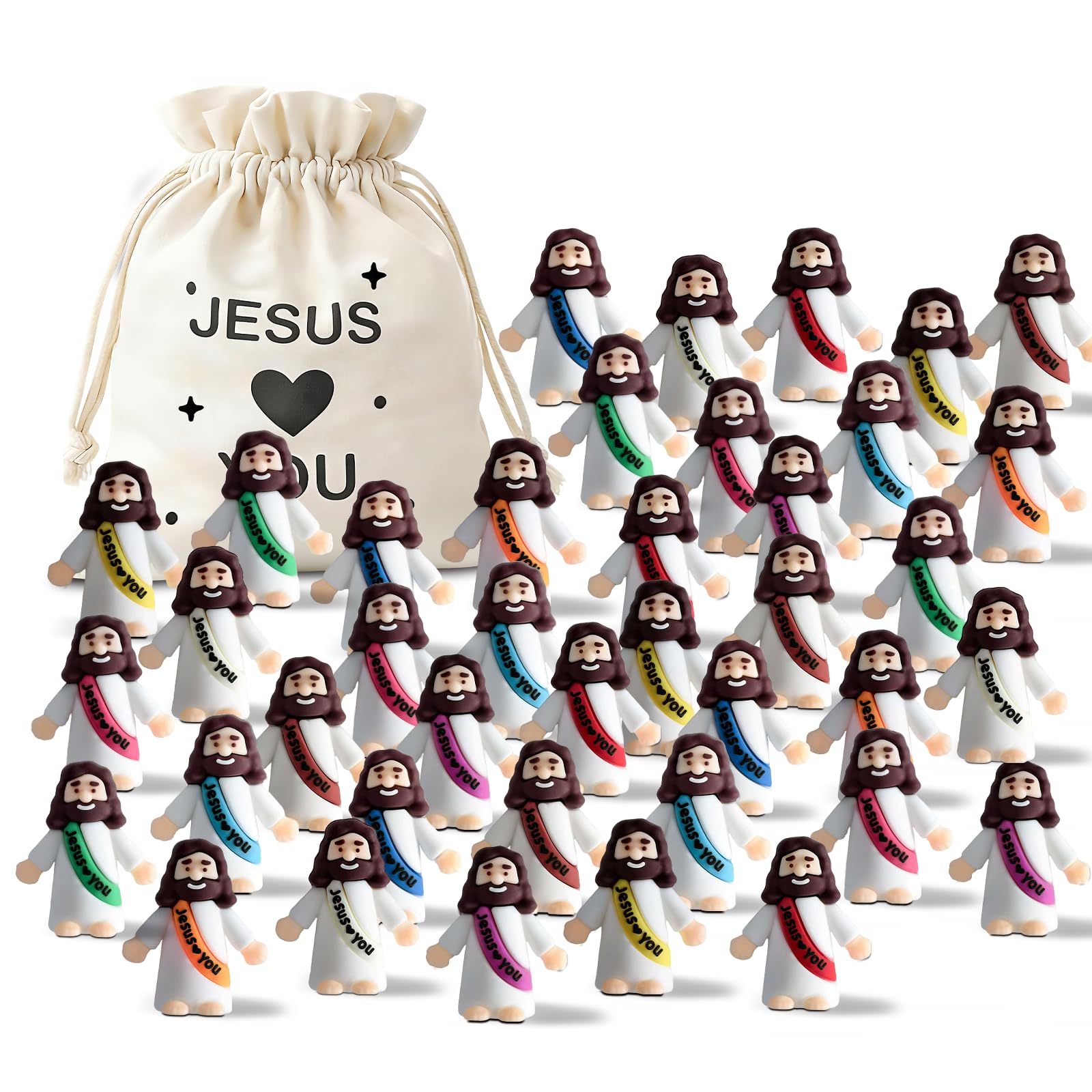 50Pcs Mini Jesus Figures Bulk Jesus Loves You Figurine with Drawstring Bag Cute Little Jesus Figures for Easter Basket Egg Stuffers Church Baptism Gifts Religious Party Favors Supplies (Holding Hands)