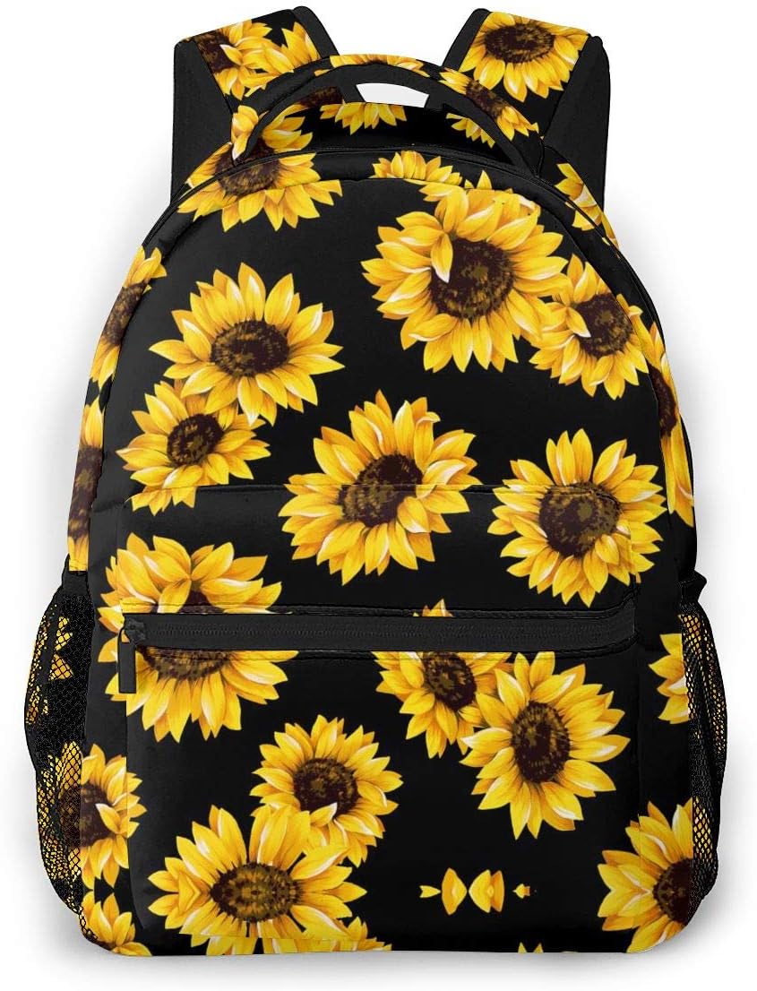 Flash Deals - 80% OFF Yellow Sunflower Backpack Boys Girls Floral On Black Laptop Backpack Travel Bag Hiking Camping Daypack