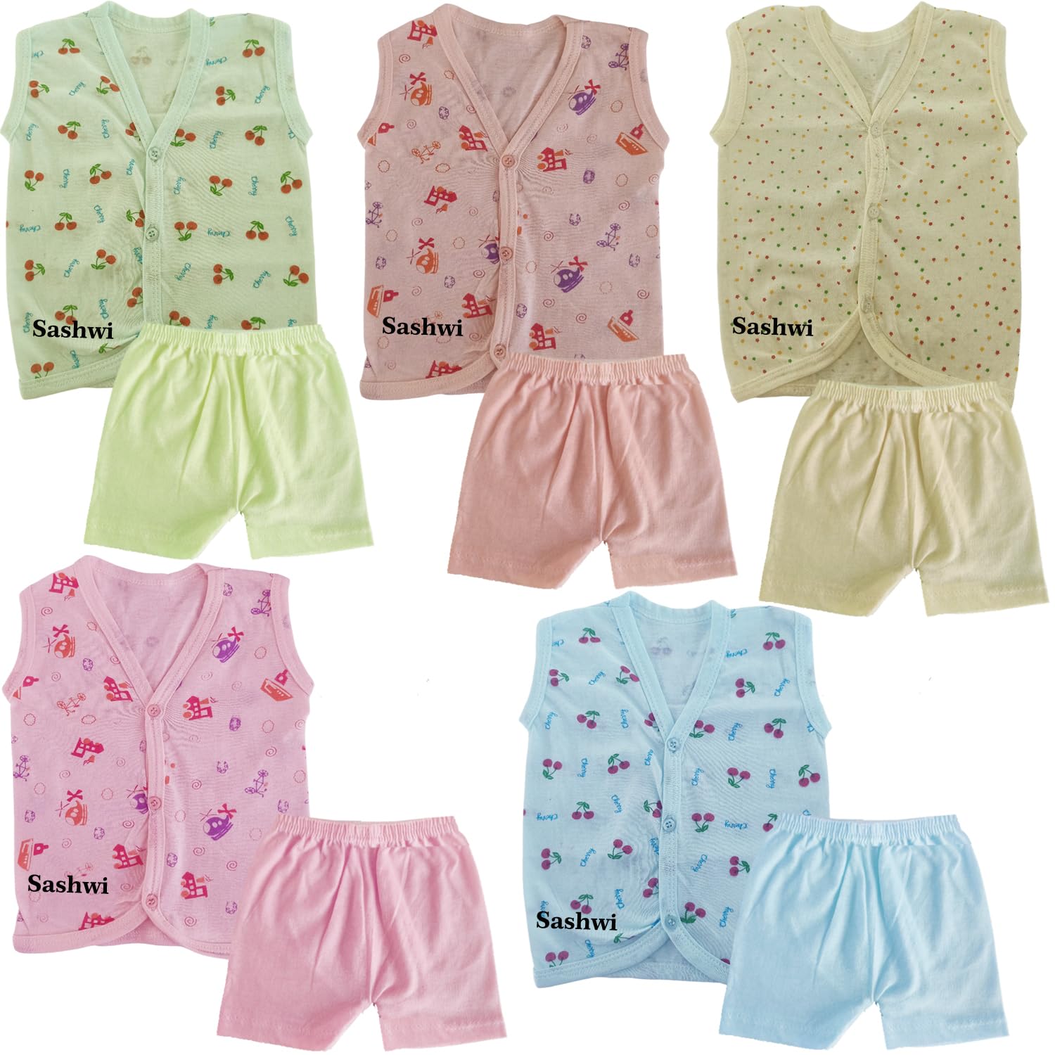 New Born Baby Boys & Baby Girls Top And Bottom Set, Hosiery Soft Cotton Material Front Button Type, Rich Printed Casual Cotton Dress (0-6 Month) (Pack Of 5 Set), Multicolor