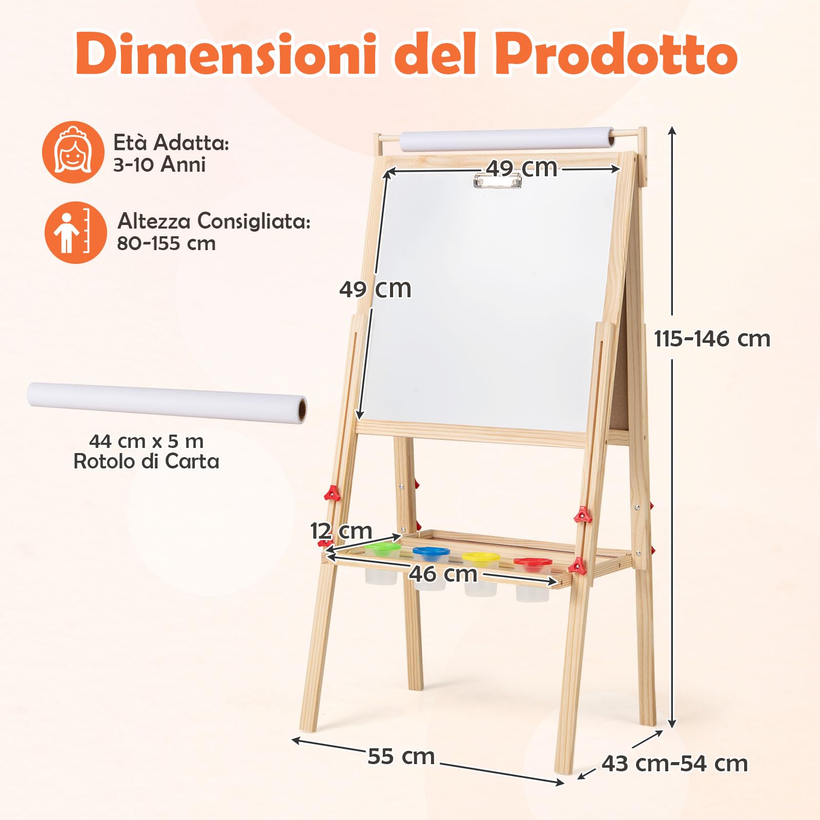 RELAX4LIFE Cavalletto per Bambini, Cavalletto Artistico in Legno con Altezza Regolabile, Cavalletto a Doppia Faccia con Rotolo di Carta, 2 Vassoi, 4 Tazze e Accessori Completi