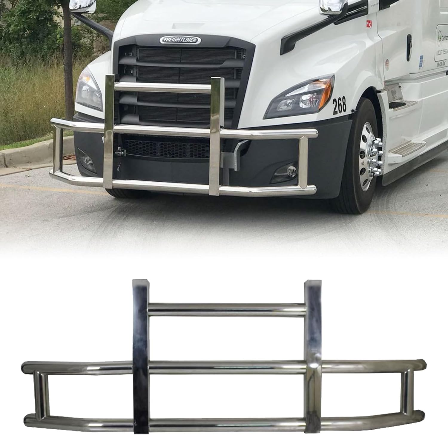 Deer Guard Compatible with 2018-2023 Freightliner Cascadia, Front Deer Guard Bumper Large Polished Stainless Steel Deer Moose Guard with Brackets Hardware, Style A