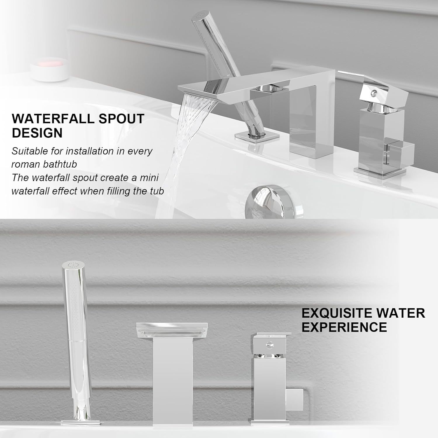 Hoimpro Deck Mount Bathtub Faucet Set, Polished Chrome Widespread Tub Filler Waterfall Spout Bath Tub Faucet