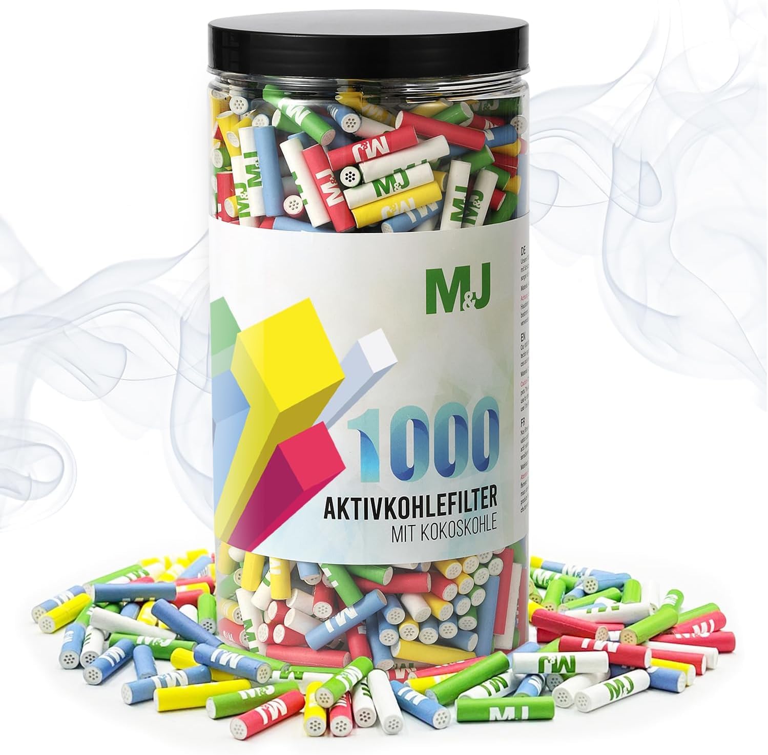Mari & Juan 1000 Filtro ai carboni attivi, 6 mm, formato Slim I Filtri sottili ai carboni attivi con carbone attivo da cocco, 1000 pezzi, colorati I Confezione risparmio I Esperienza di fumo con meno