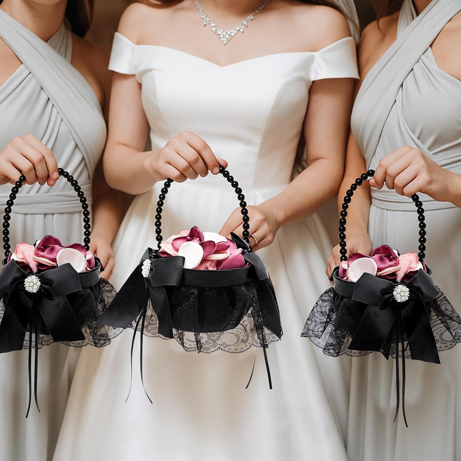 2 Pcs Wedding Flower Girl Basket, Flower Basket for Wedding Ceremony Satin Rhinestone with Handle for Petals Confetti Banquet Home Decoration Gothic Western Party (Black,Lace and Pearl)