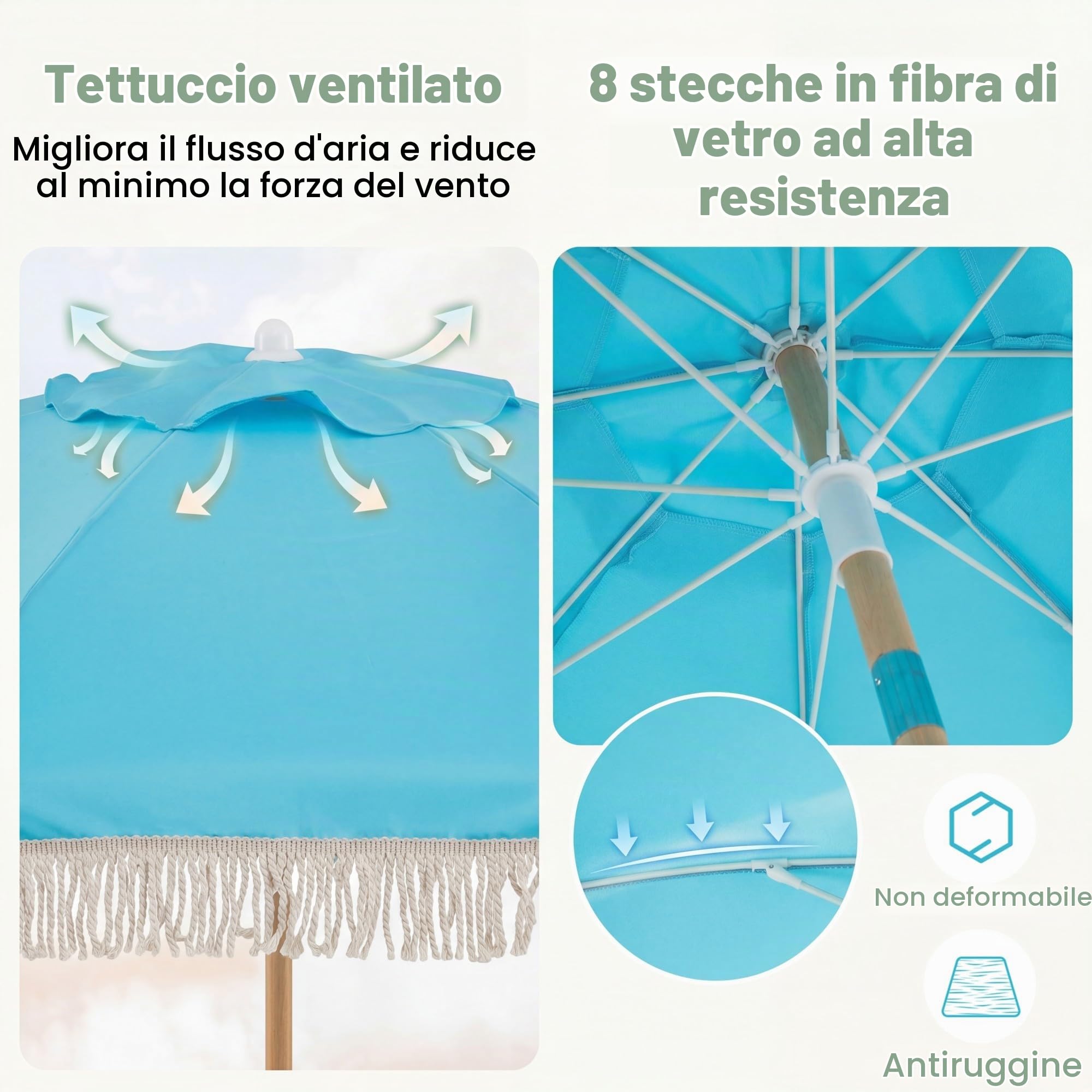 KOMFOTTEU Ombrellone da spiaggia 170 cm, ombrellone rotondo con bastone di legno, ombrellone terrazza esterna inclinabile a 30° con 8 aste e doppio strato ventilato, per giardino, balcone
