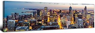 Chicago Wall Art Sunset City Skyline Wall Art Decor for Living Room Night View City Panorama Canvas Pictures Modern Cityscape Poster Skyscraper Landscape Artwork for Office Bedroom Decorations 14x48"