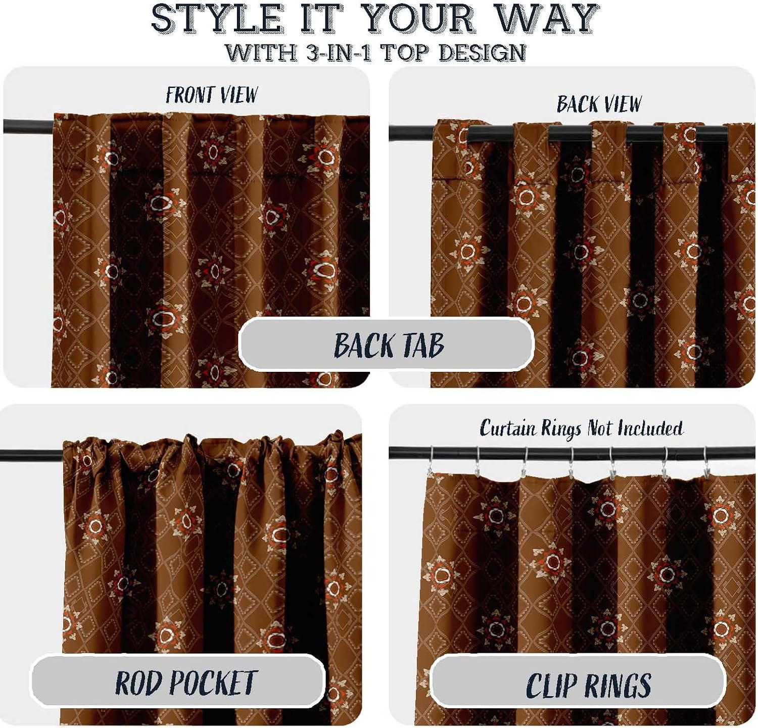Cotton Curtains for Windows - 3-in-1 Rod Pocket/Back Tab Short Window Drapes - Light Filtering Cotton Canvas Panels - Set of 2, 52"x63" - Geometric Print (Brown)