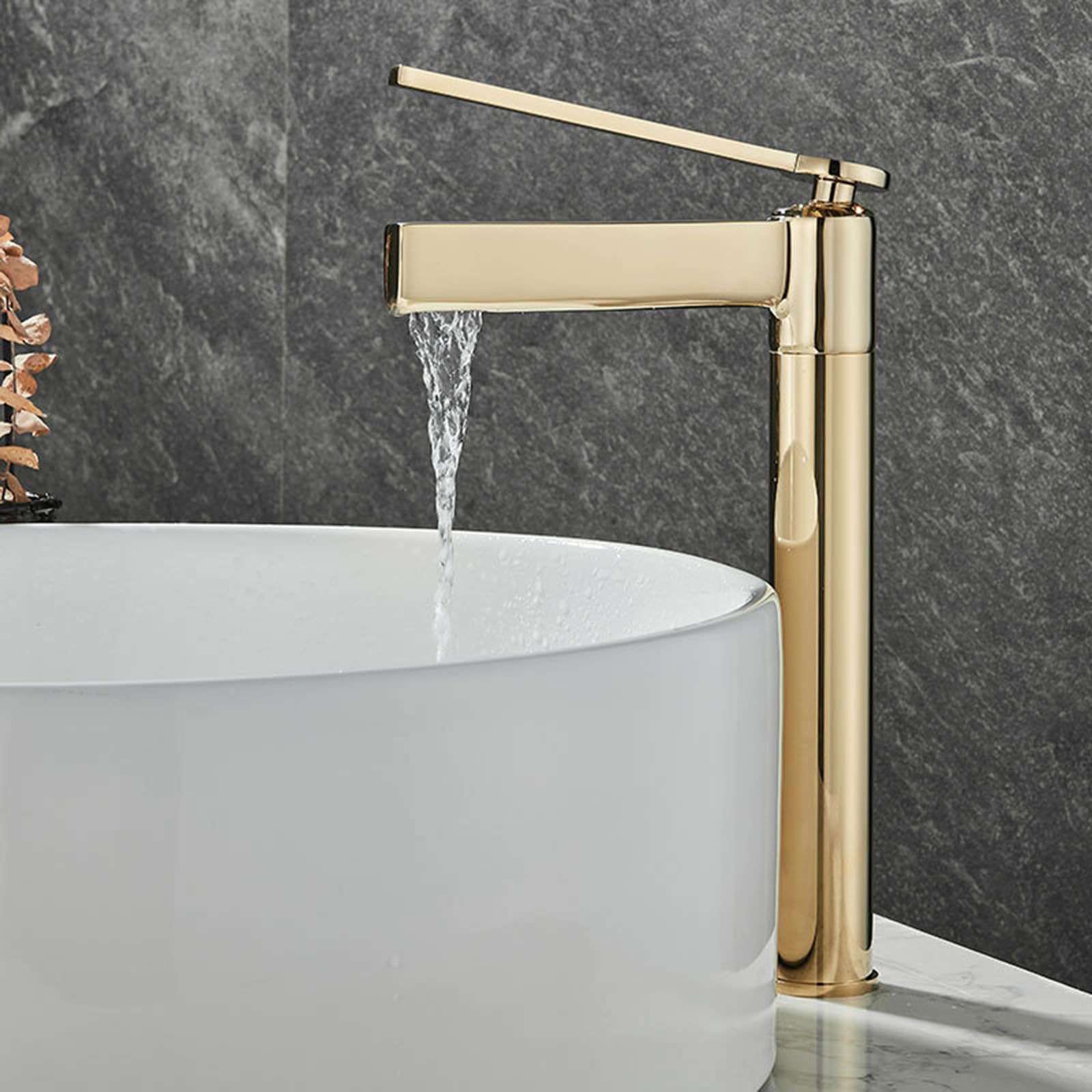 FQWNCIEG High Rise Waterfall Tap for Countertop Basin Single Hole Bathroom Sink Taps Hot and Cold Tall Basin Tap,Gold