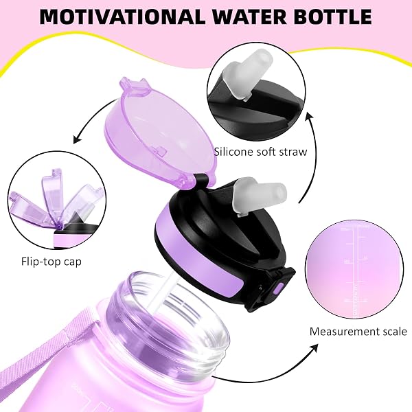 Borraccia 500ml, Borraccia Bambino con Cannuccia, A Prova di Perdite Bottiglia Motivazionale, Facile da Pulire, Borracce con Indicatore del Tempo per Lavoro, Viaggio, Scuolaola, Bambina - 2