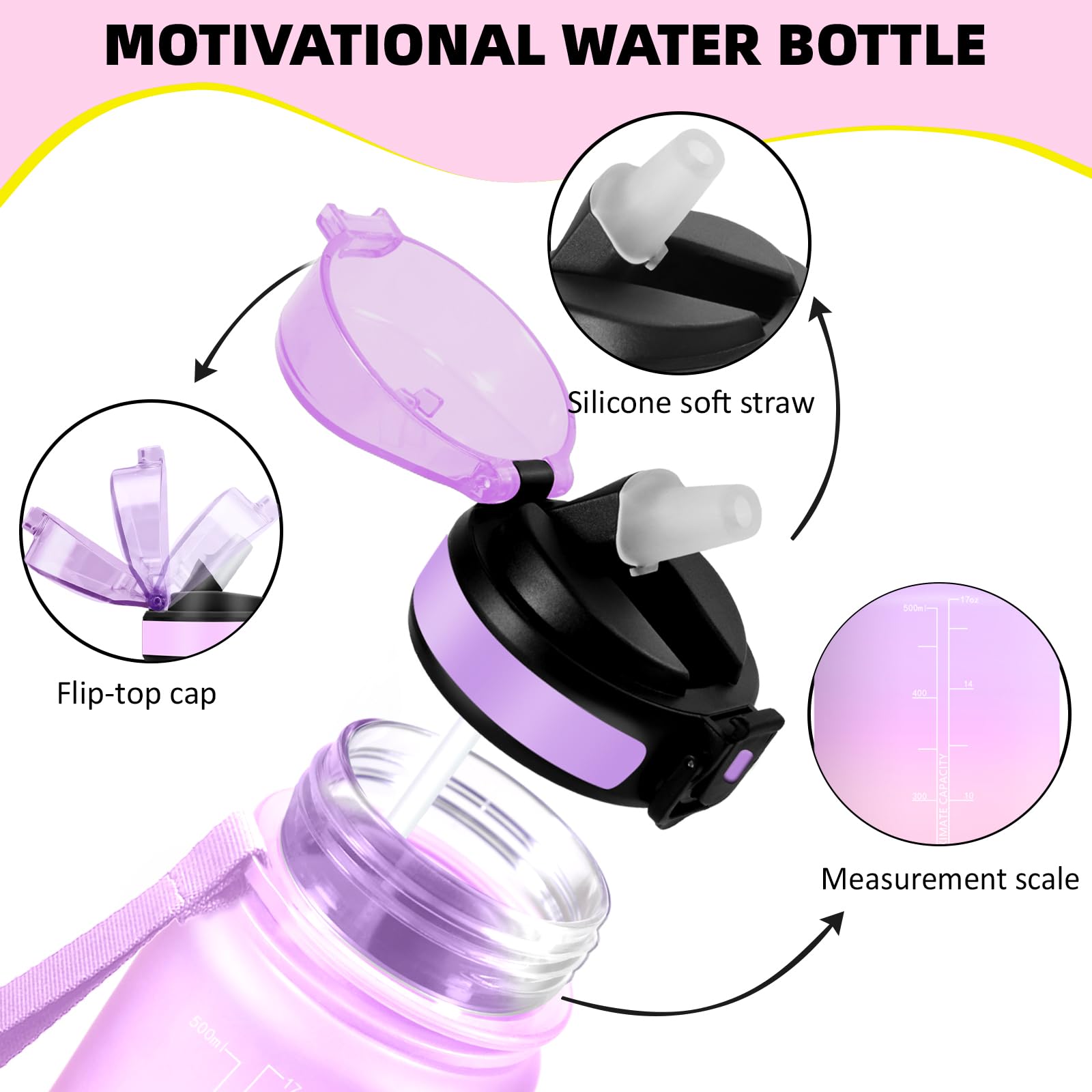 Borraccia 500ml, Borraccia Bambino con Cannuccia, A Prova di Perdite Bottiglia Motivazionale, Facile da Pulire, Borracce con Indicatore del Tempo per Lavoro, Viaggio, Scuolaola, Bambina - 3