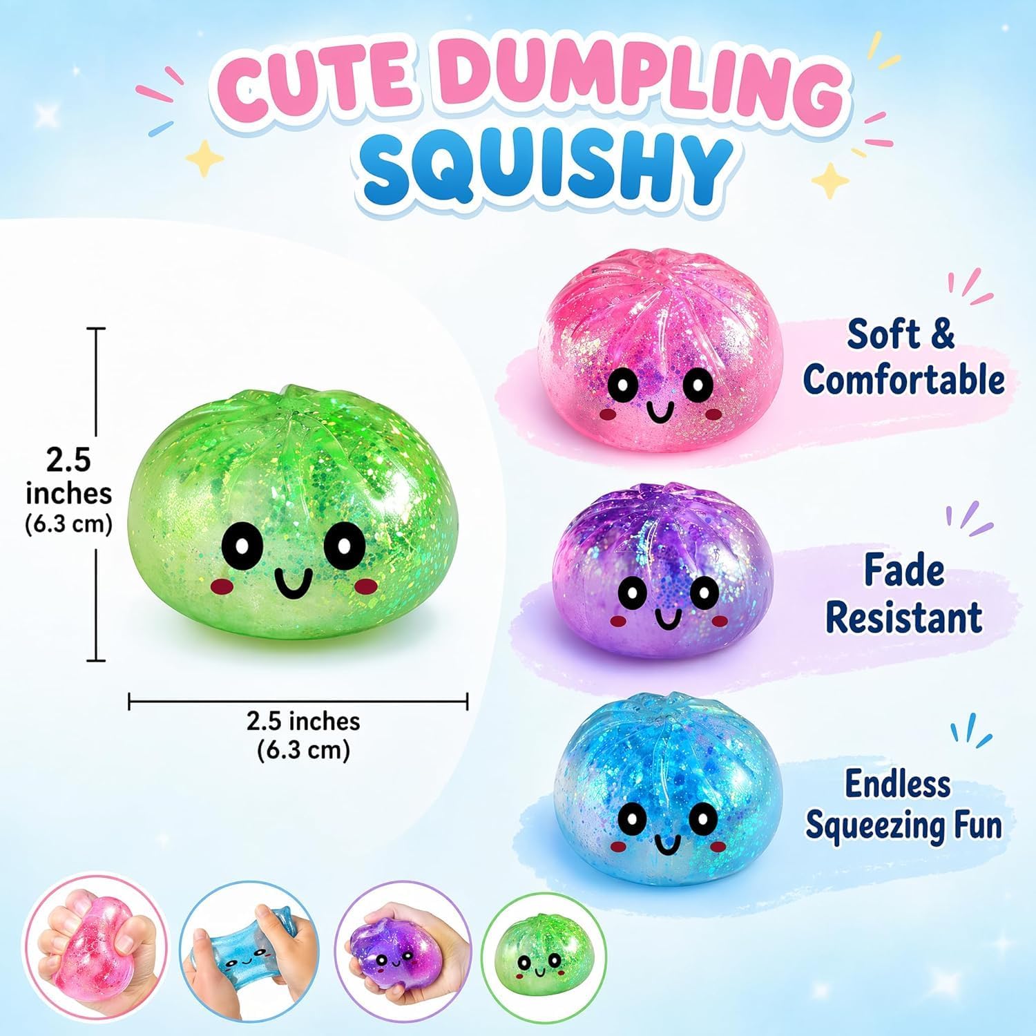 Dumpling Squishy, 4 Stück Glitter Dumpling Squishy Set | Anti Stress Bälle Fidget Spielzeug für Kinder Erwachsene, Dumplings Squishies Fidget Toys für Stress Relief, Fidgets Gifts