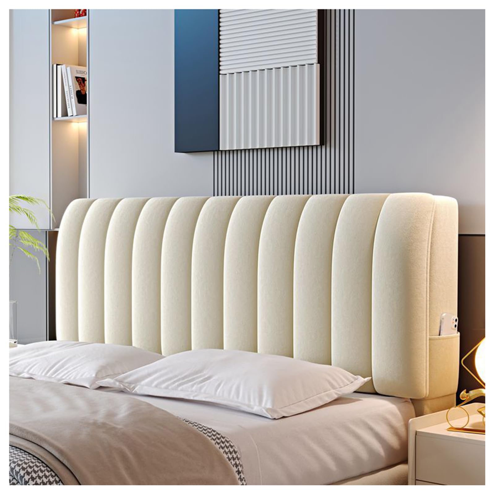 Gofohimi Beige Velvet Bed Headboard Slipcover For Queen Full Twin King Size Bed,Quilted Bed Headboard Cover Thicken Headboard Dustproof Protector Cover,,150Cm