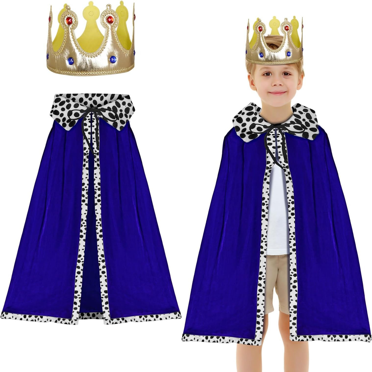 2 Piece Kids King Costume, Children's King Cape, Blue Prince Cloak and Crown, Medieval King Royal Robe Outfit for 90-135cm Boys Nativity Halloween Fancy Dress Cosplay