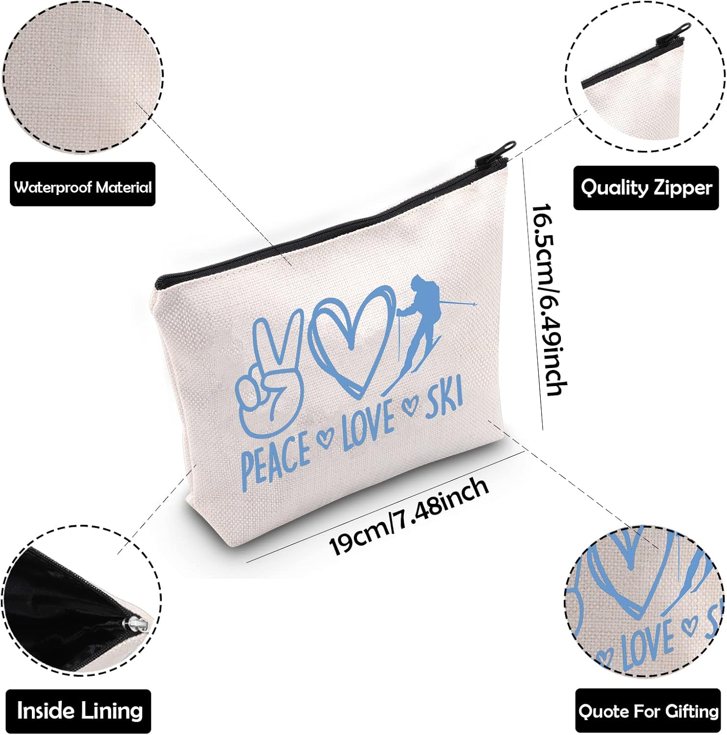 BAUNA Skiing Girl Cosmetic Bag Peace Love Ski Makeup Zipper Pouch Bag