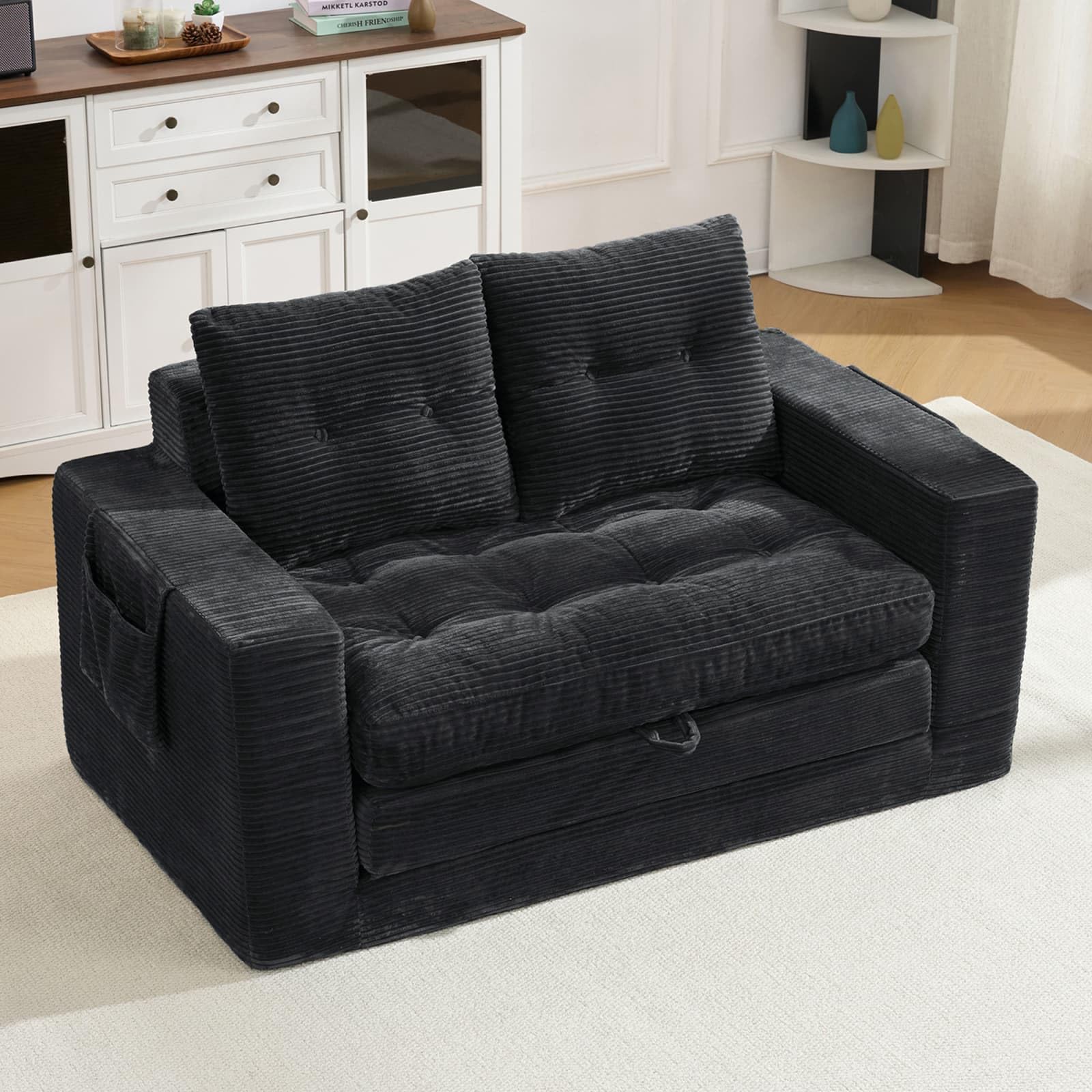 KOMHTOM Banquette Convertible 2 Places Canapé Lit Compact avec Poches Latérales pour Salon Chambre Bureau Velours Côtelé Noir(Black)