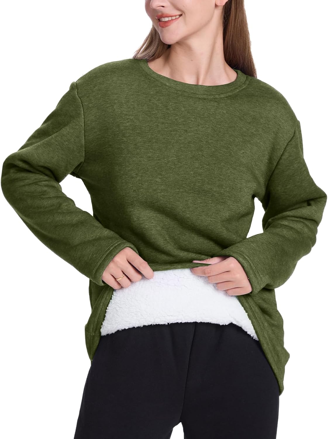 PEHMEA Women’s Warm Sherpa Lined Fleece Pullover Winter Crewneck Sweatshirt Loungewear Tunic Tops