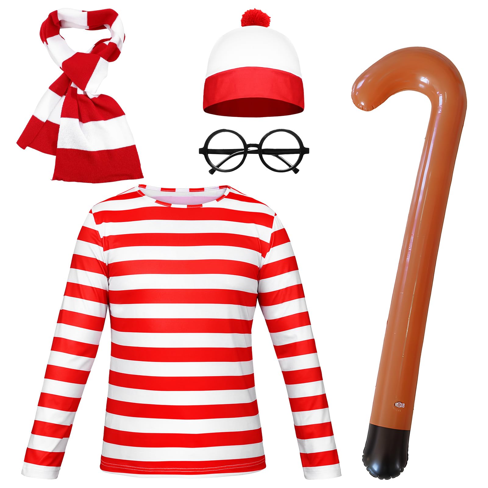 Suffolly Red and White Striped T Shirt Set for Adult 5PCS Wally Costume Hat T-shirt Cane Scarf Glasses Costume Set 90s 80s Fancy Dress Halloween Costumes for Men Women (Men - Image 2