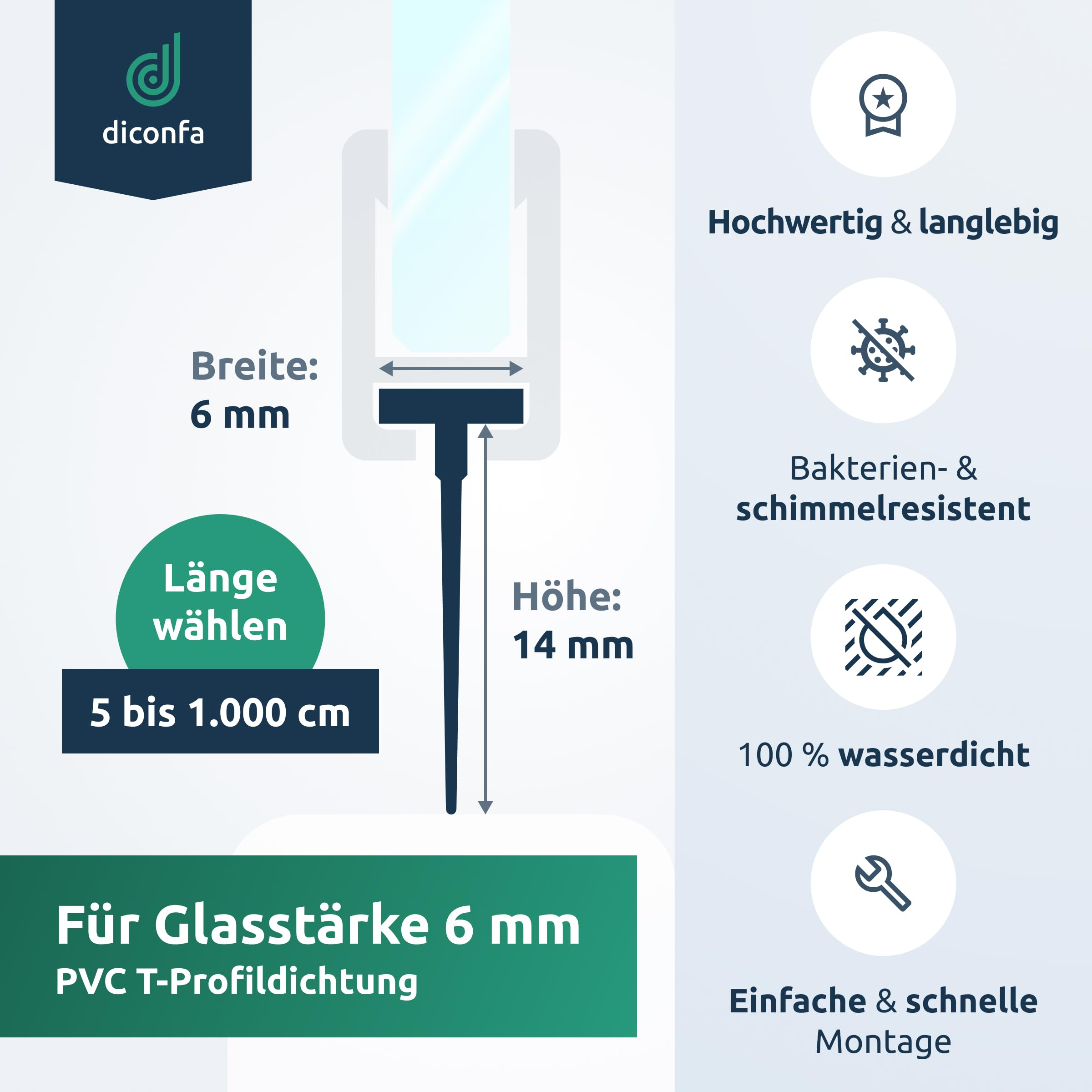 diconfa PVC Einschubdichtung 6mm breit - Dichtbereich 14mm - 400cm lang