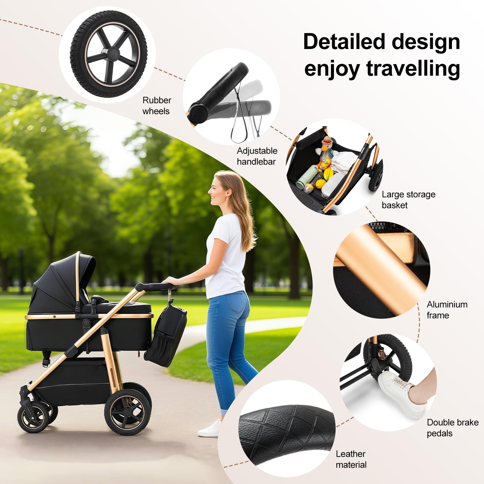 Zkipm Kinderwagen 3 in 1 Baby Stroller Klappbar Kombi Kinderwagen Travel System Höhenverstellbar Schubstange für 0-4