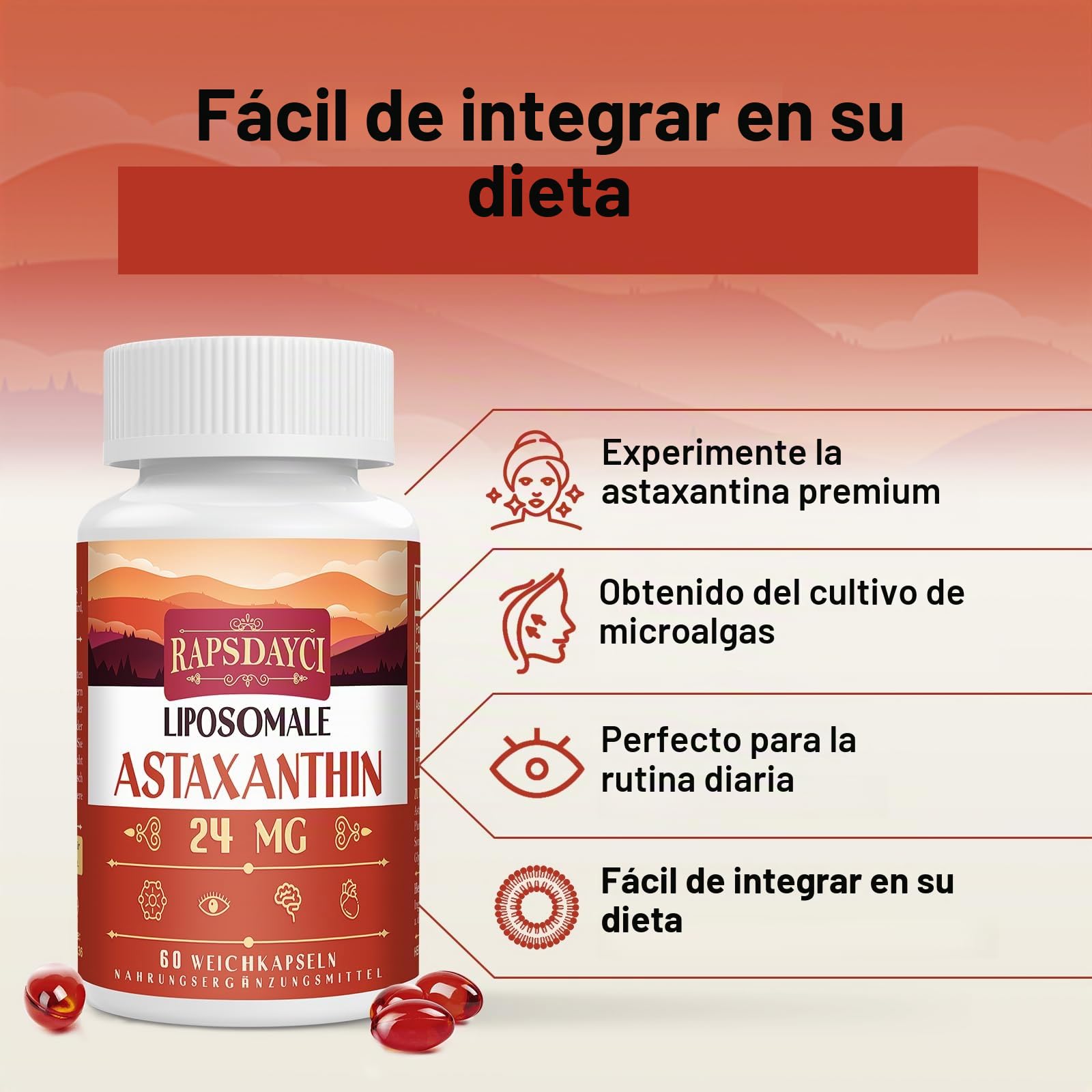 Liposomal Astaxantina Suplemento dede 24 mg por porción, Potente Fórmula Antioxidante que VIT C, absorción superior