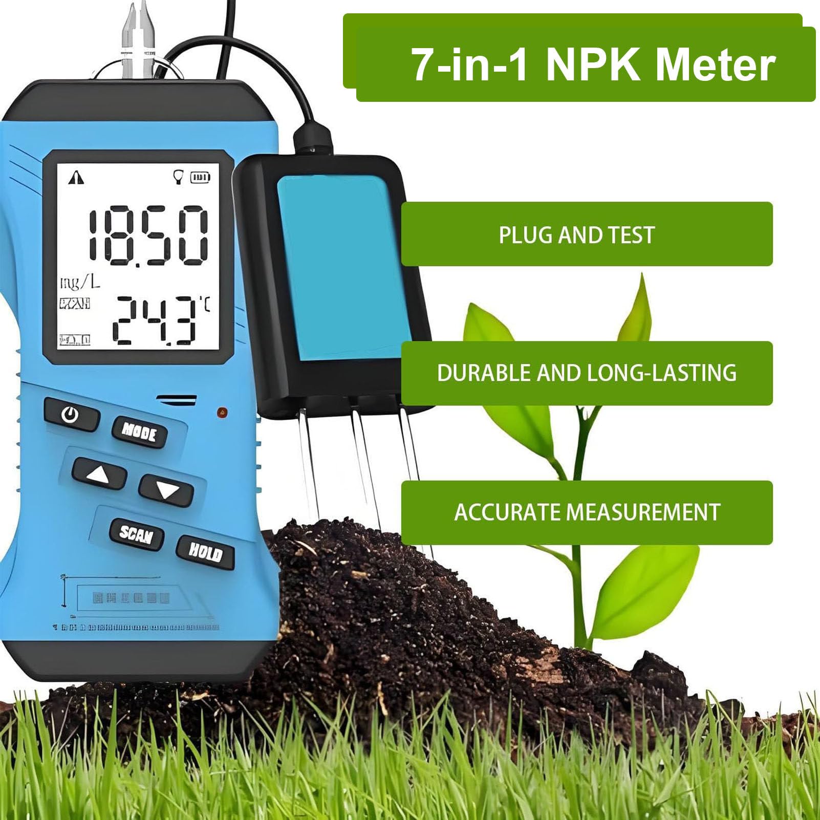 Kit di analisi del Terreno vegetale 7 in 1: Tester NPK + misuratore di PH Misura umidità, Temperatura e conduttività per Test di fertilità e nutrienti per l'orticoltura