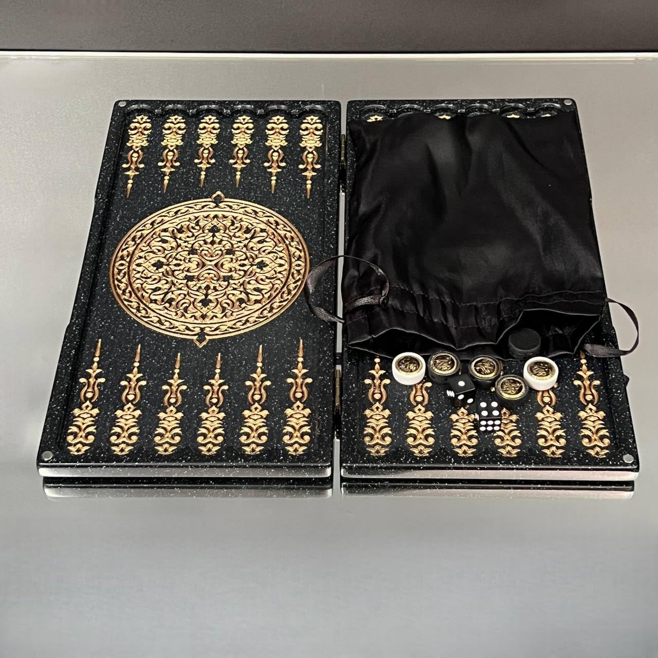 Backgammon de lujo "Golden Leon" – Juego hecho a mano de piedra acrílica y resina, tamaño mini 30 x 15 cm, listo para regalo, tamaño: 30 cm (11,8 pulgadas)