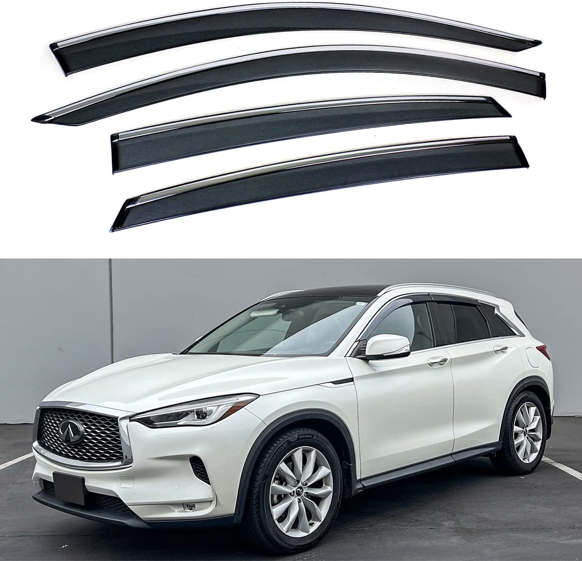 Premium Luxury Smoke Tinted Window Visor Rain Guard W/Clips & Chrome Trim Compatible for 2019-2022 Infiniti QX50