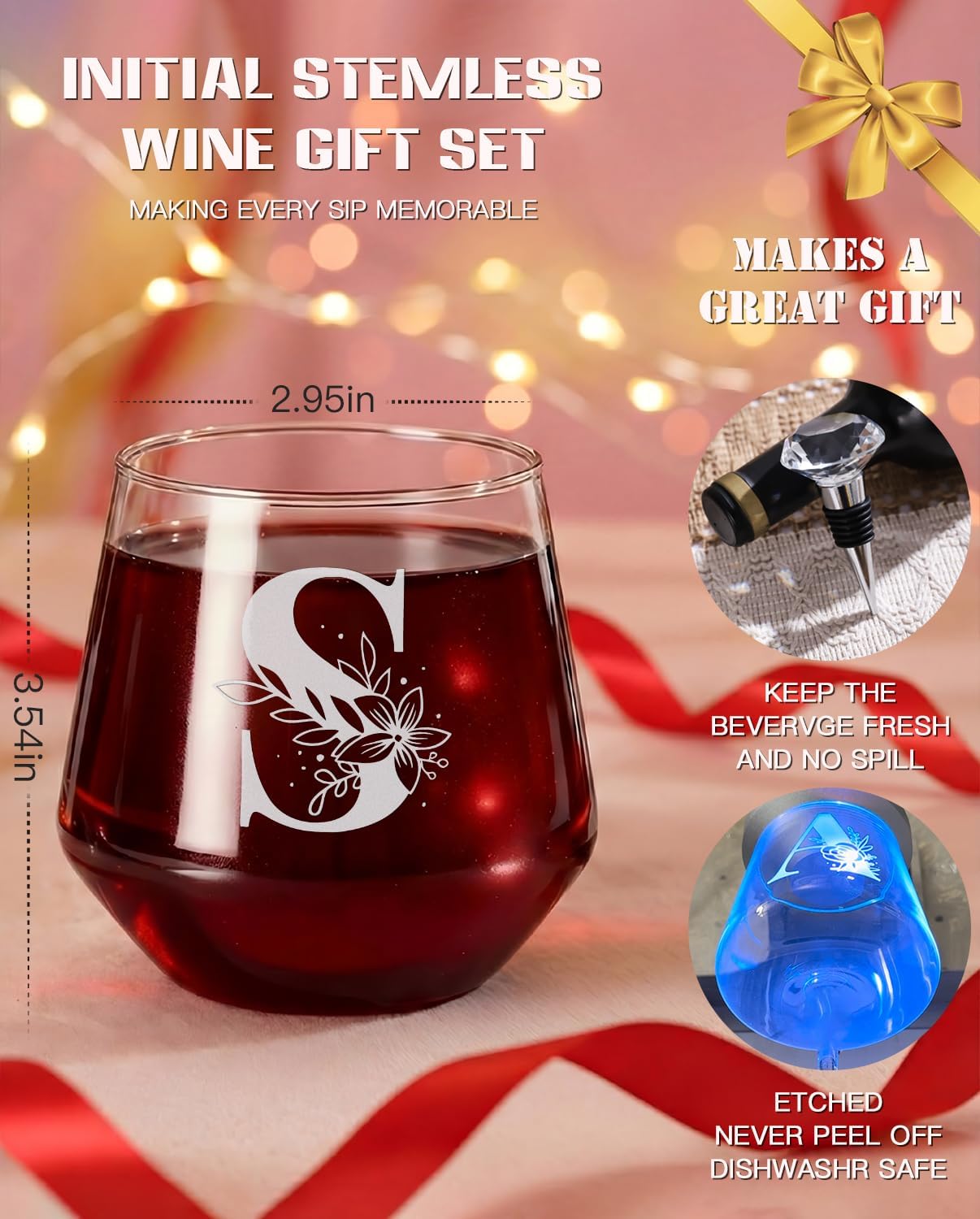 Physkoa Personalized Stemless Wine Glass — Customized A–Z Initial, Etched & Dishwasher Safe | Birthday Wine Gift for Her, Mom, Friend, Wife, Sister | Valentine’s Day Monogrammed Gift(S) - Image 2