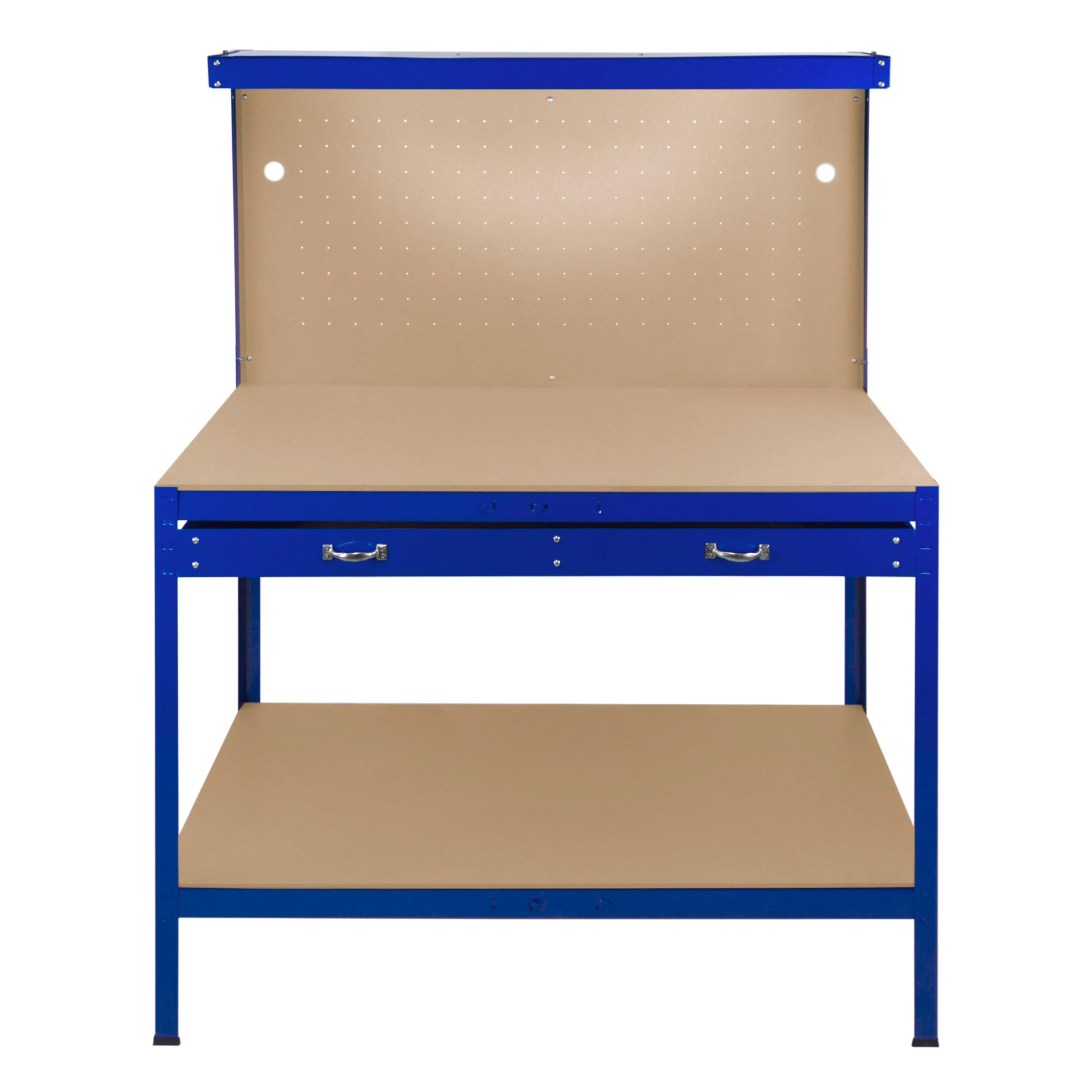 Banco de Trabajo Azul con Tablero de Clavijas,Cajón+Luz LED, Mesa de Trabajo Estantes Taller Garaje Bricolaje Almacenamiento Herramientas Capacidad Peso 370kg | 40 Ganchos+Mazo de Goma | 60x155x120cm