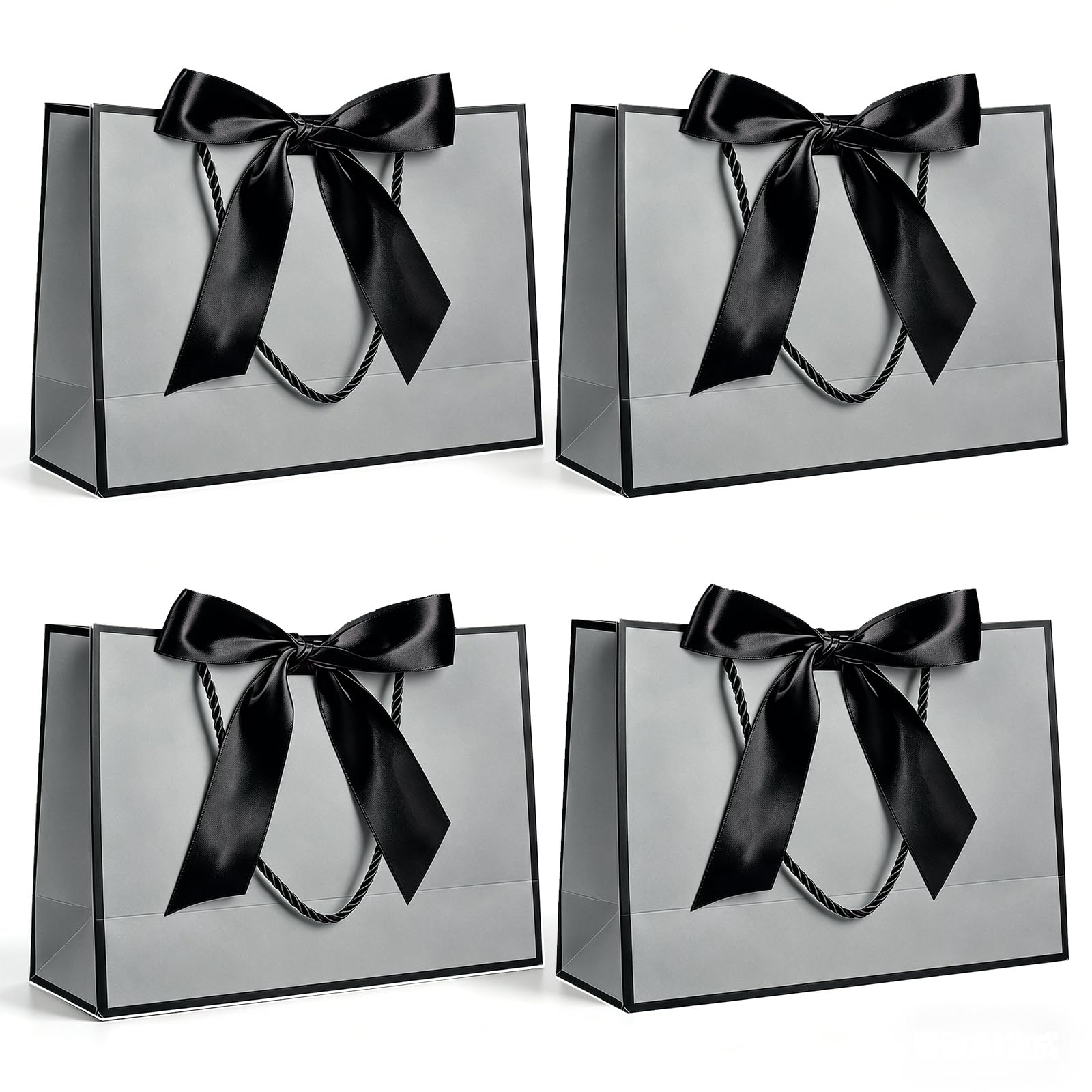 Yiran 4Pcs Medium Black Gray Gift Bag with Greeting Handles and Ribbon for Men Women Wedding, Birthday, Christmas, Holiday Party Favors Goodie Wrapping Bag Decorations Supplies — image 1
