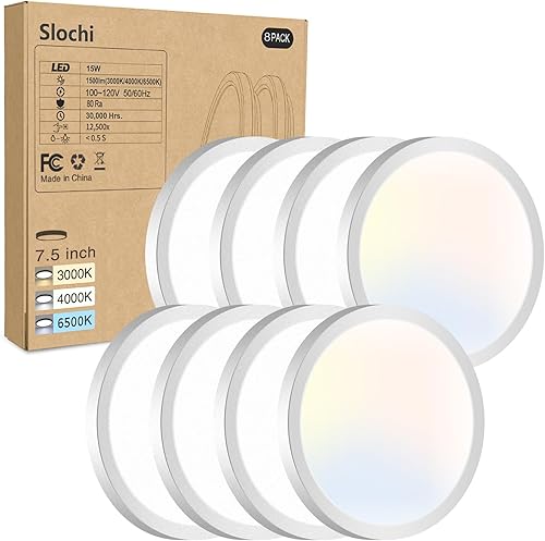 Paquete de 8 lámparas LED de techo empotradas, 3000K-4000K-6500K y equivalente a 100 W, lámpara de techo empotrada moderna de 15 W, 1500 lúmenes,