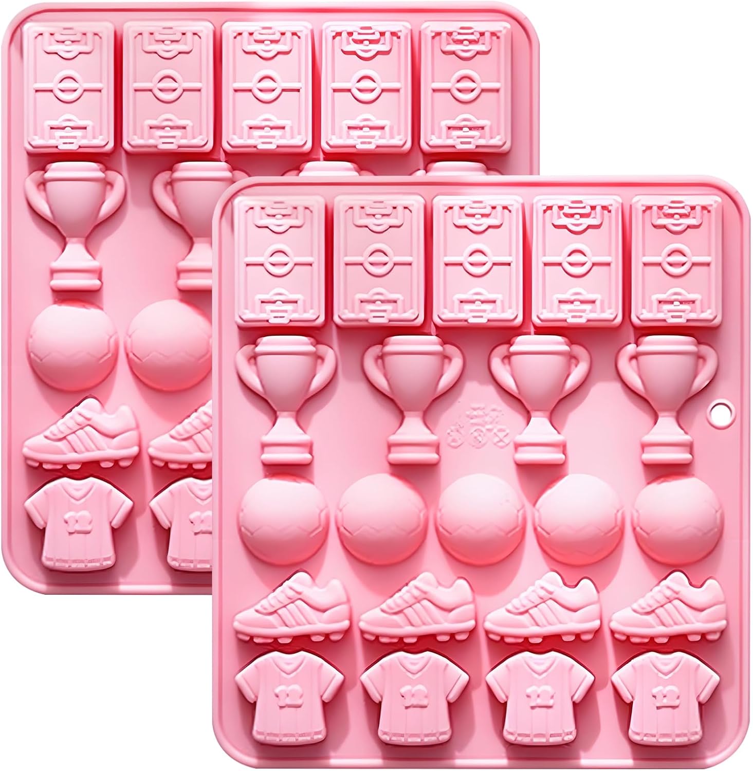 Soccer Silicone Candy Mold Set of 2, Football Themed | Easy to Clean, 20 Cavities per Tray, 6.69 x 6.06 in Size, Chocolate & Ice Use, Ball, Trophy, Jersey
