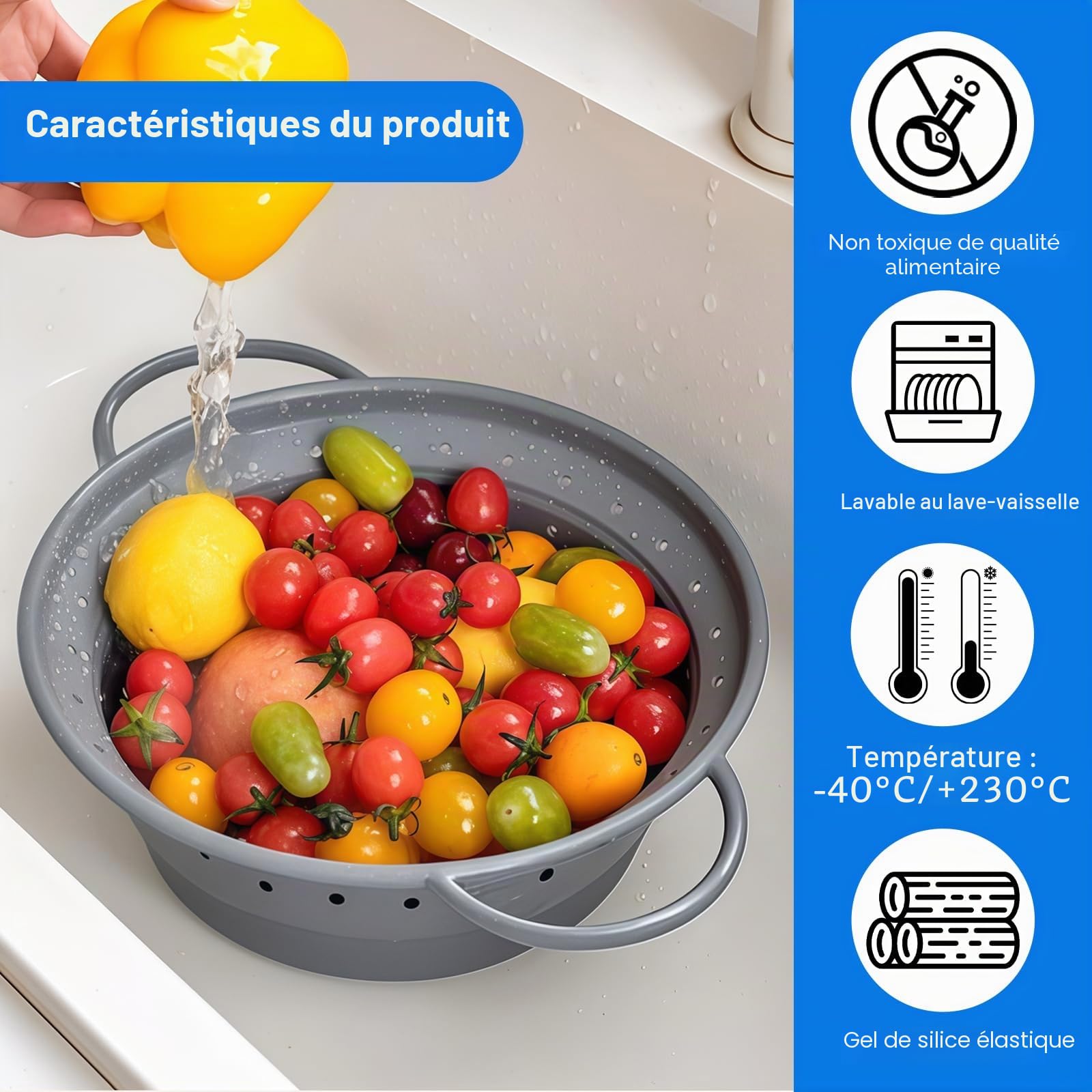 Passoire Pliable en Silicone 28 cm Sans BPA Cuisine Camping Gris
